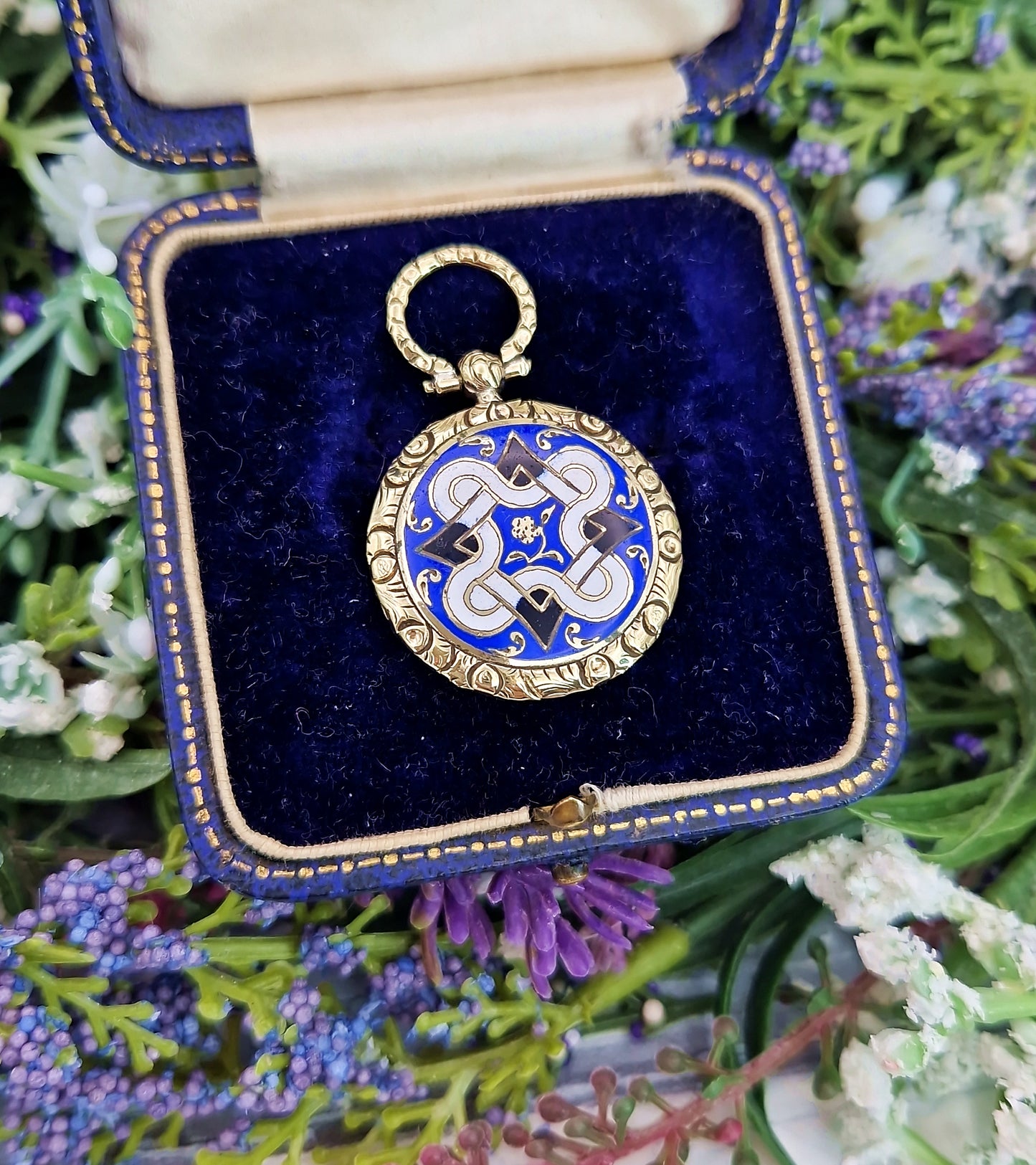 Antique Victorian Gold Tone Celtic Pattern Blue White and Black Enamel Locket Pendant