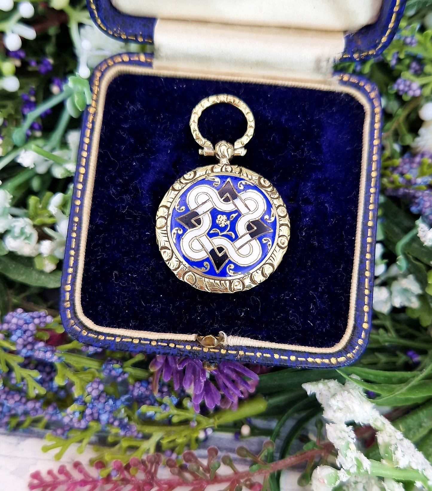Antique Victorian Gold Tone Celtic Pattern Blue White and Black Enamel Locket Pendant