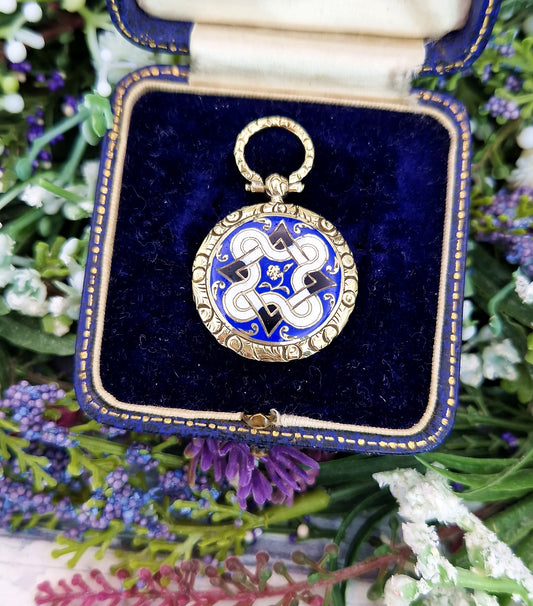 Antique Victorian Gold Tone Celtic Pattern Blue White and Black Enamel Locket Pendant