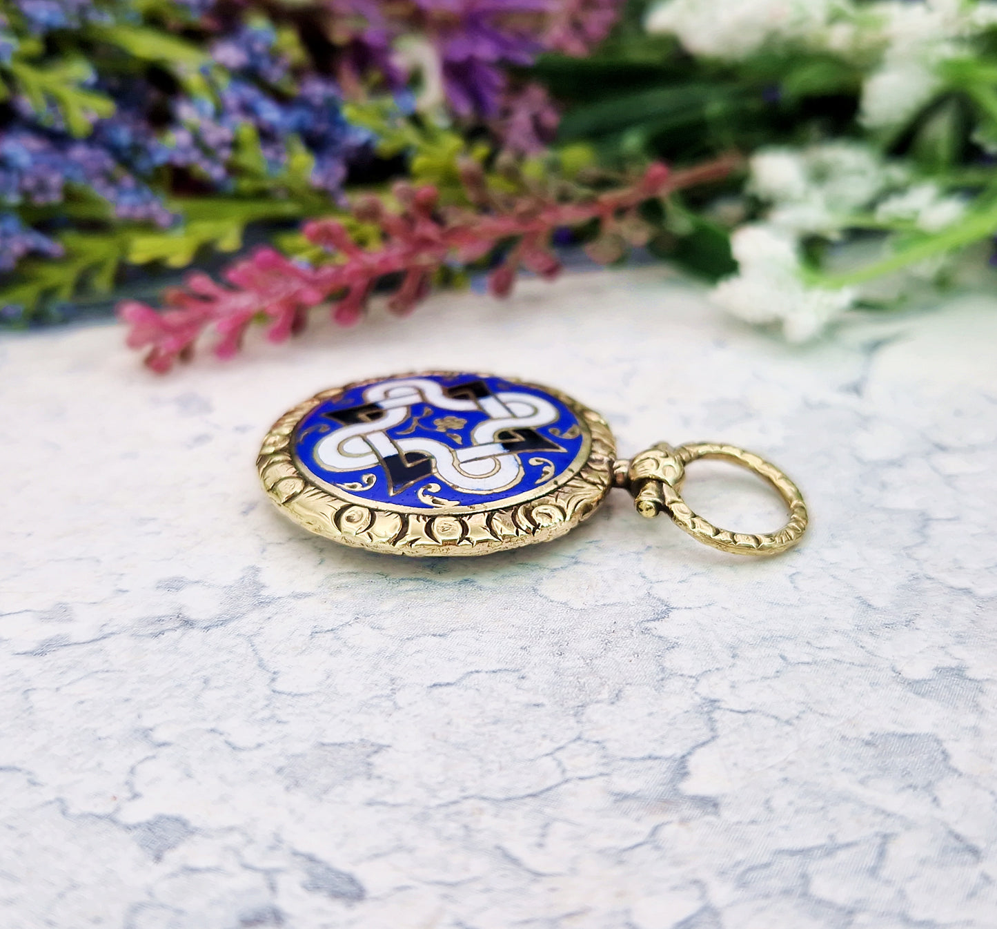Antique Victorian Gold Tone Celtic Pattern Blue White and Black Enamel Locket Pendant