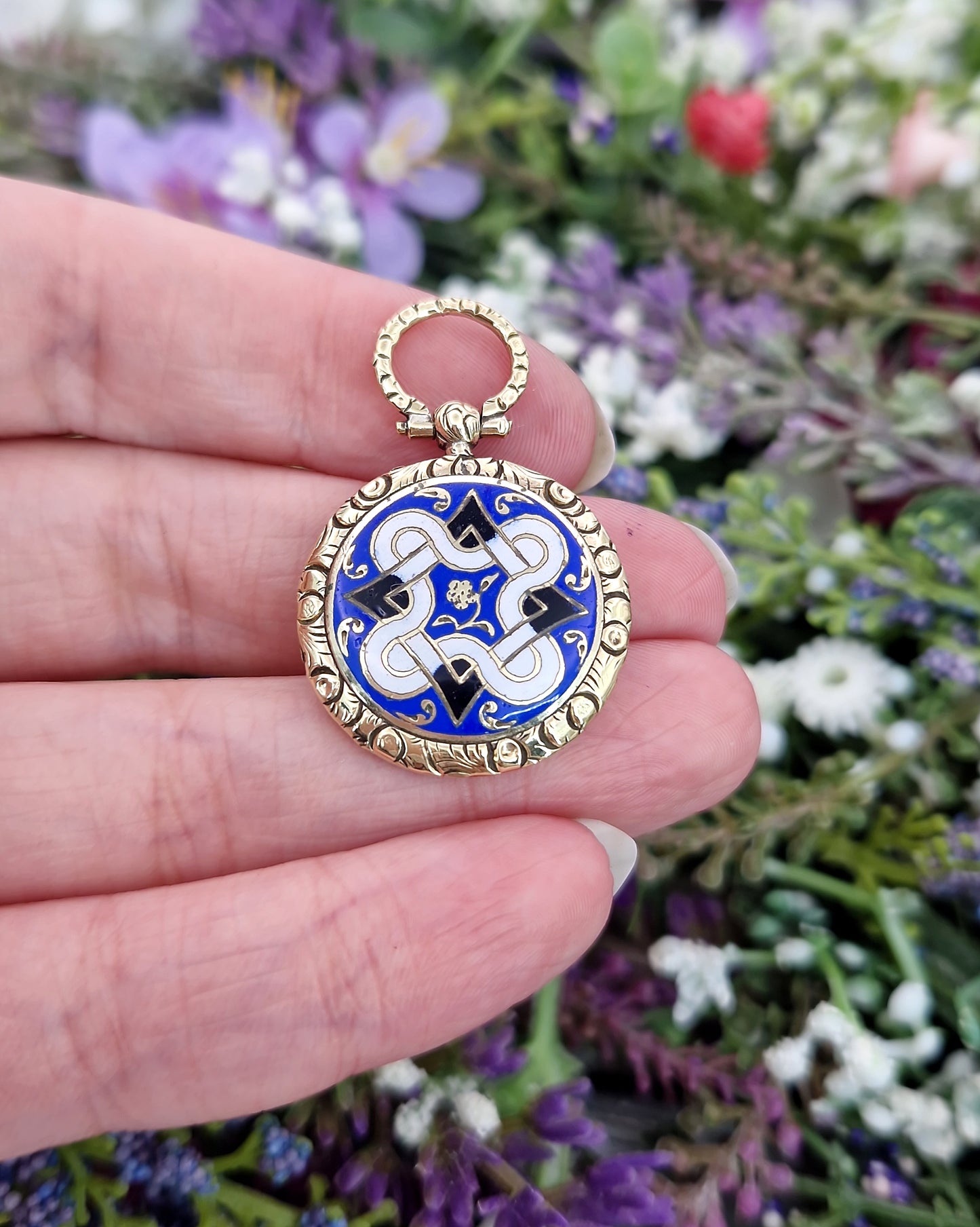 Antique Victorian Gold Tone Celtic Pattern Blue White and Black Enamel Locket Pendant