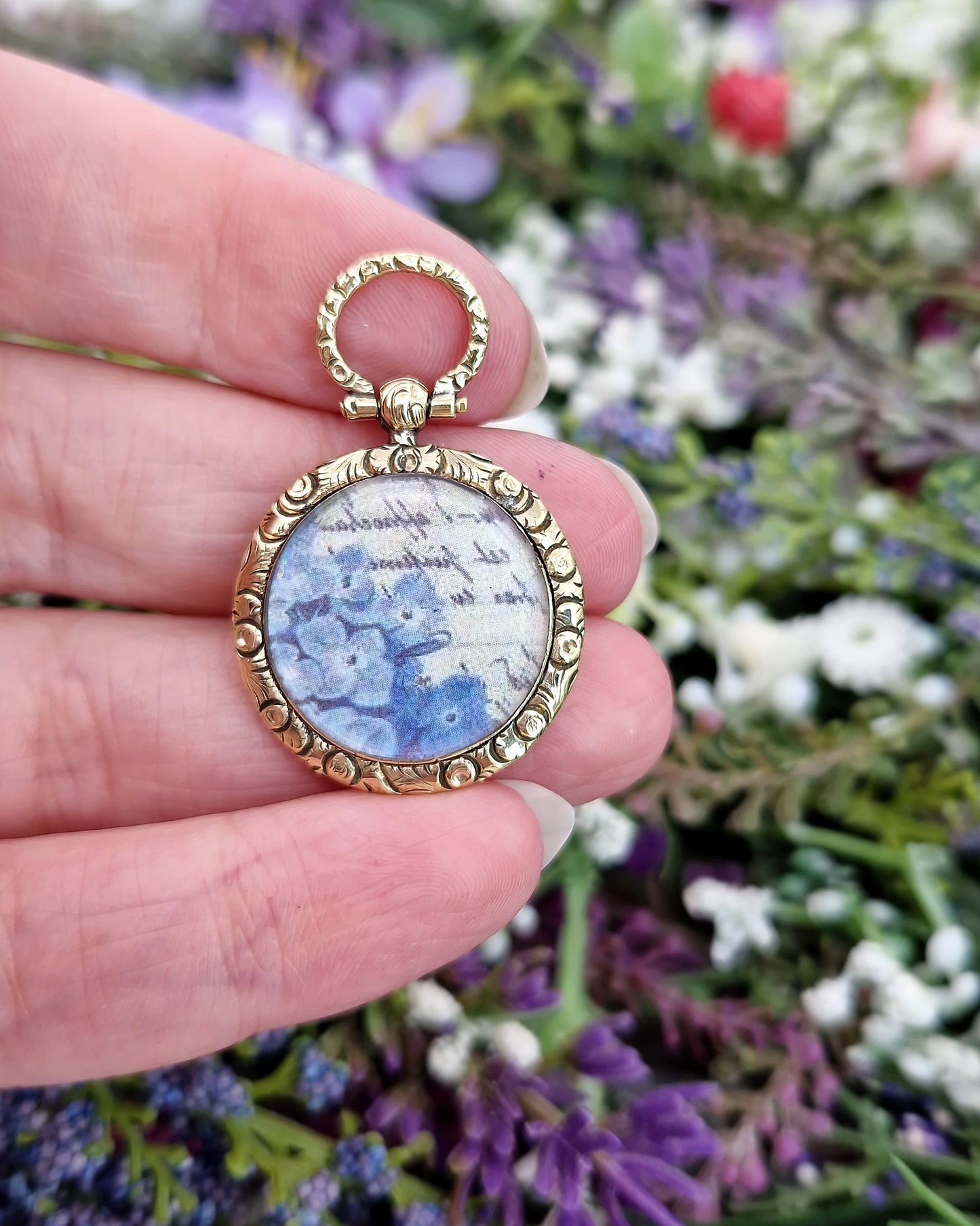 Antique Victorian Gold Tone Celtic Pattern Blue White and Black Enamel Locket Pendant