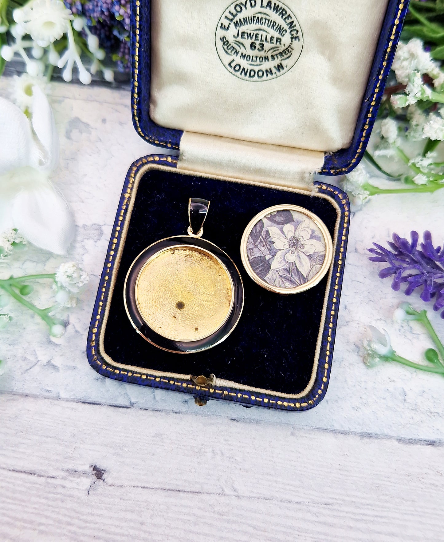 Antique Victorian Gold Tone Black Enamel & Glass Floral Locket Pendant