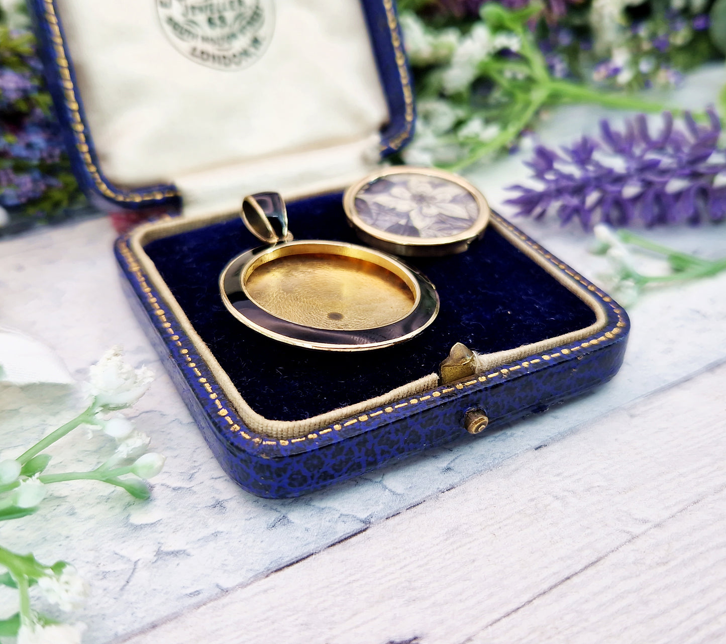 Antique Victorian Gold Tone Black Enamel & Glass Floral Locket Pendant