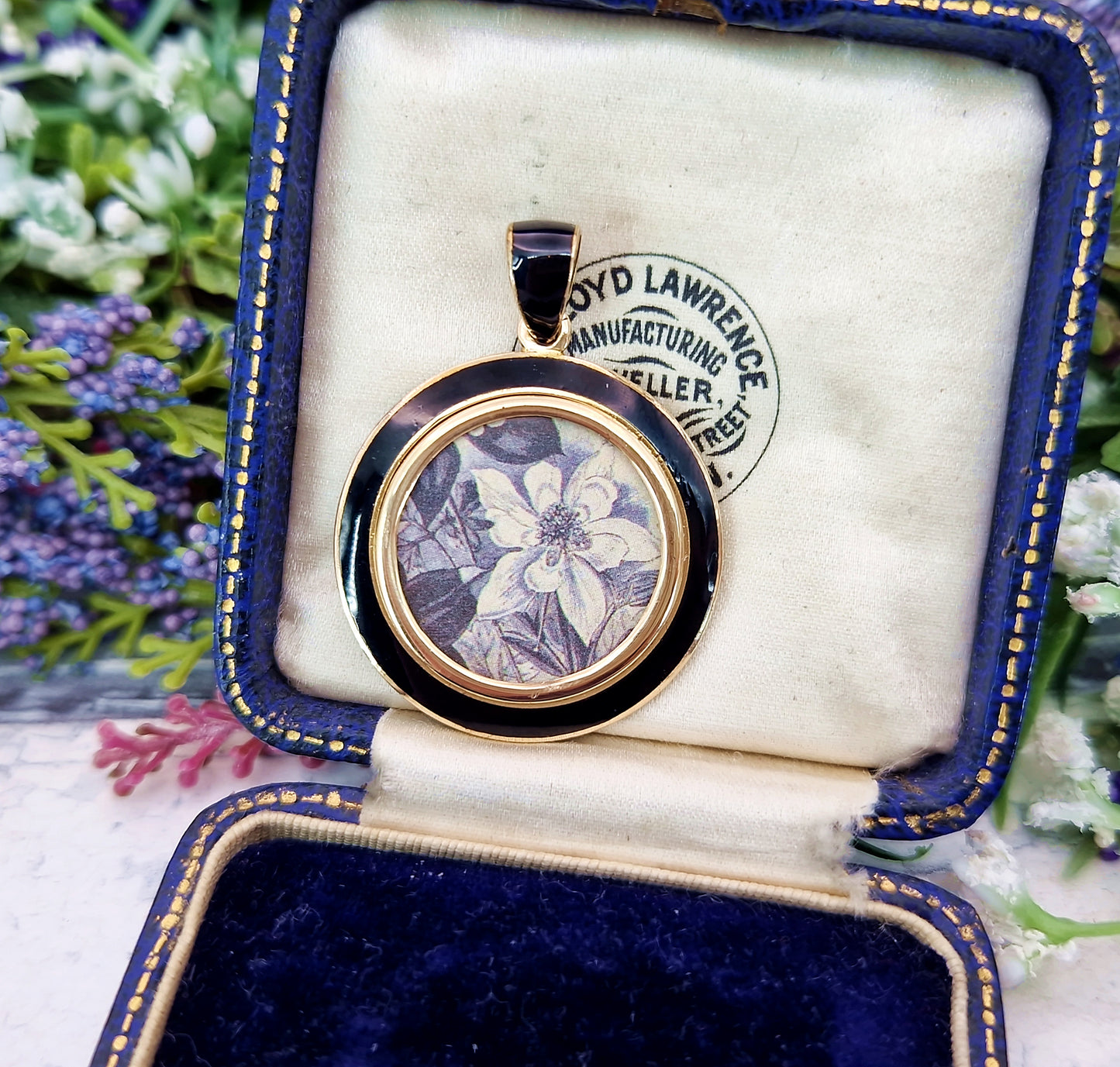 Antique Victorian Gold Tone Black Enamel & Glass Floral Locket Pendant