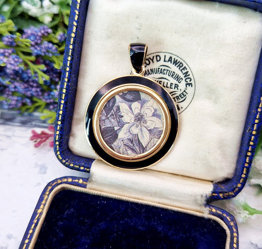 Antique Victorian Gold Tone Black Enamel & Glass Floral Locket Pendant
