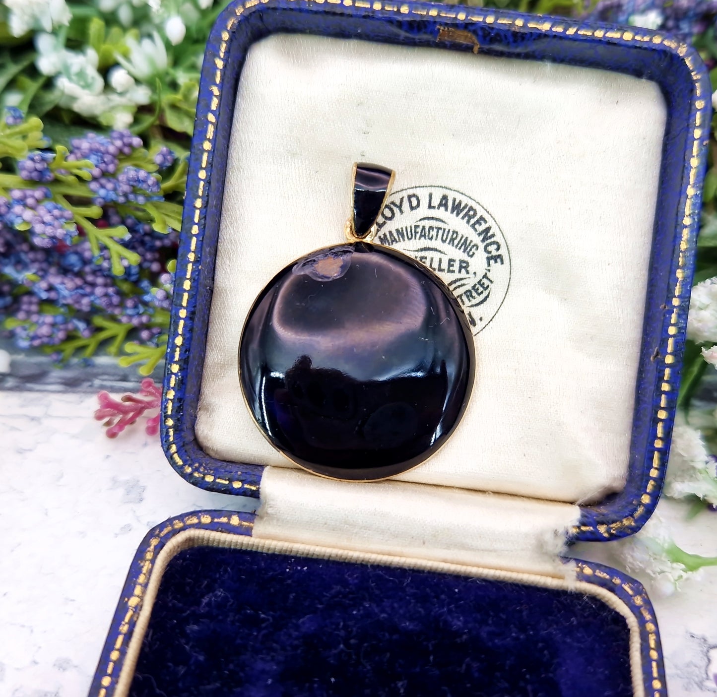 Antique Victorian Gold Tone Black Enamel & Glass Floral Locket Pendant