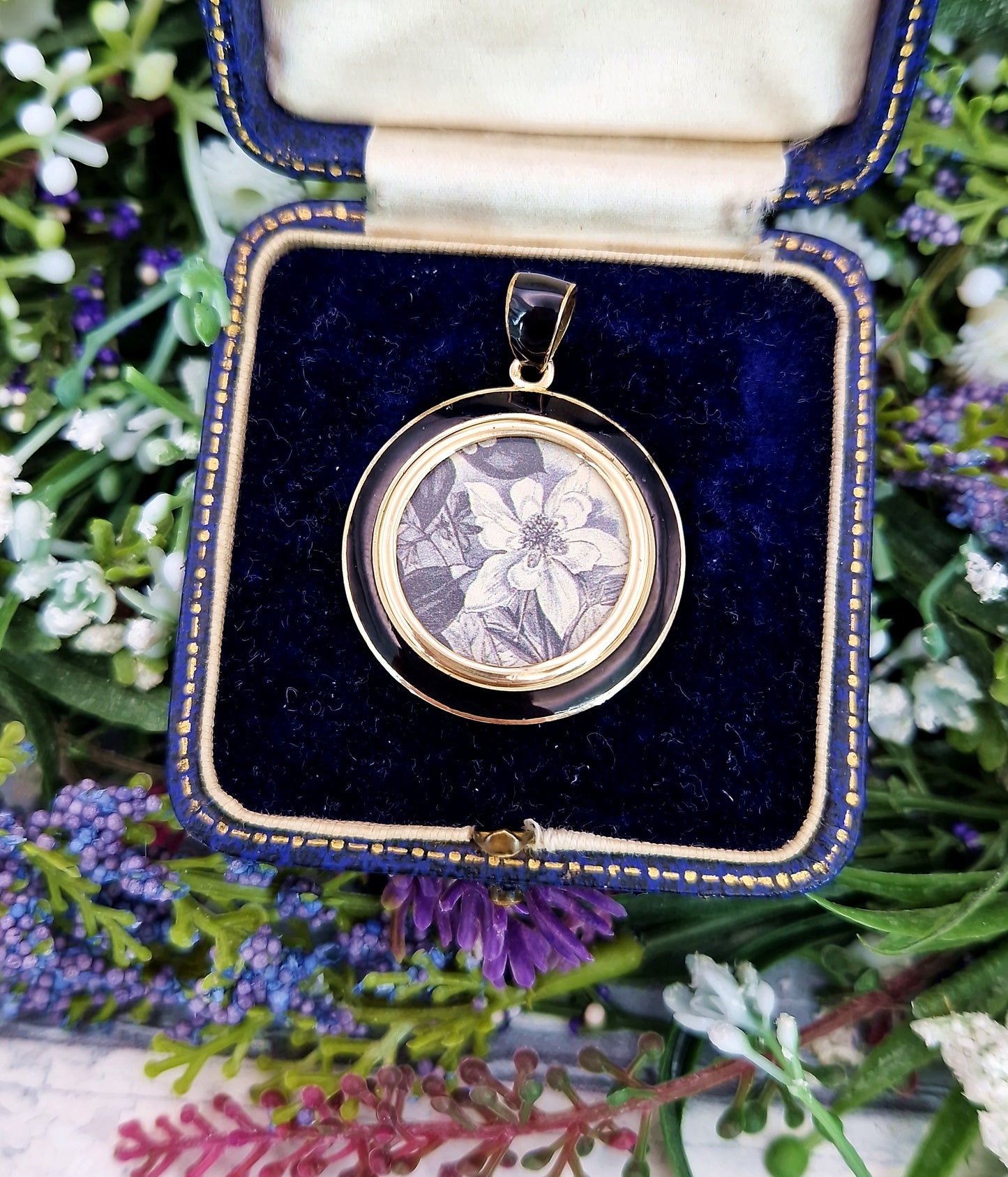 Antique Victorian Gold Tone Black Enamel & Glass Floral Locket Pendant