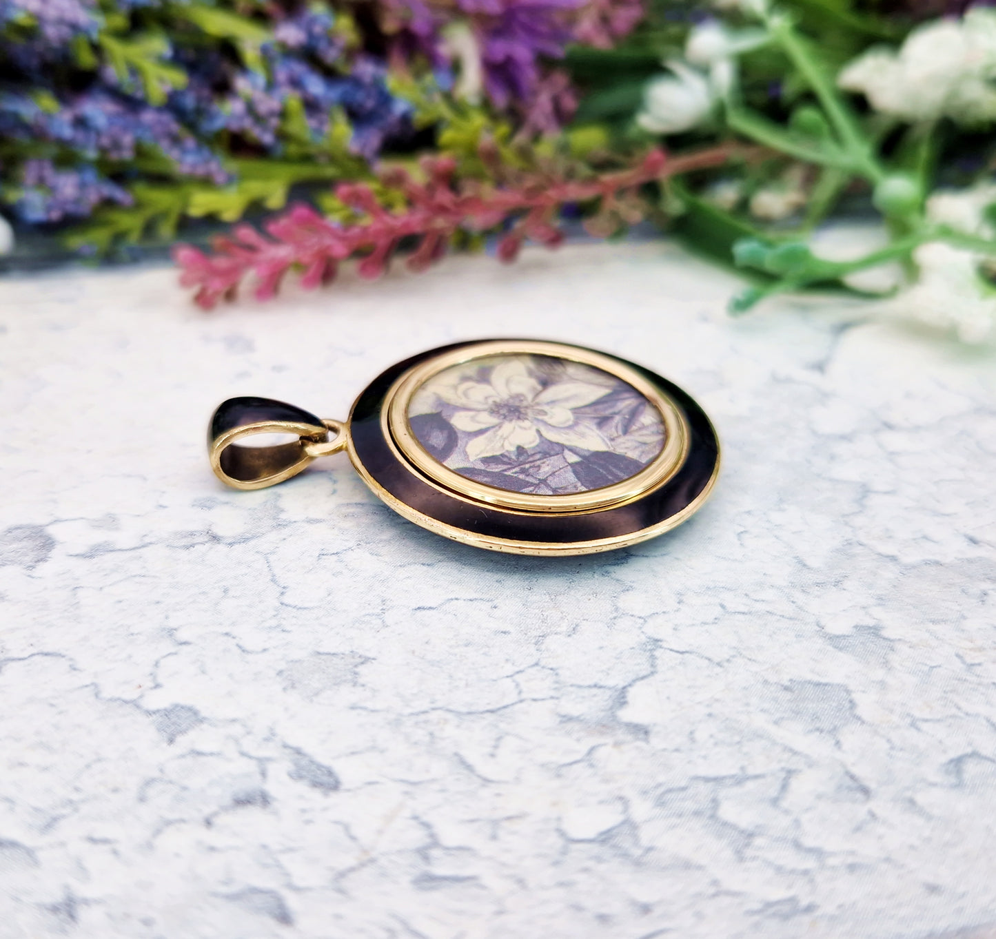 Antique Victorian Gold Tone Black Enamel & Glass Floral Locket Pendant
