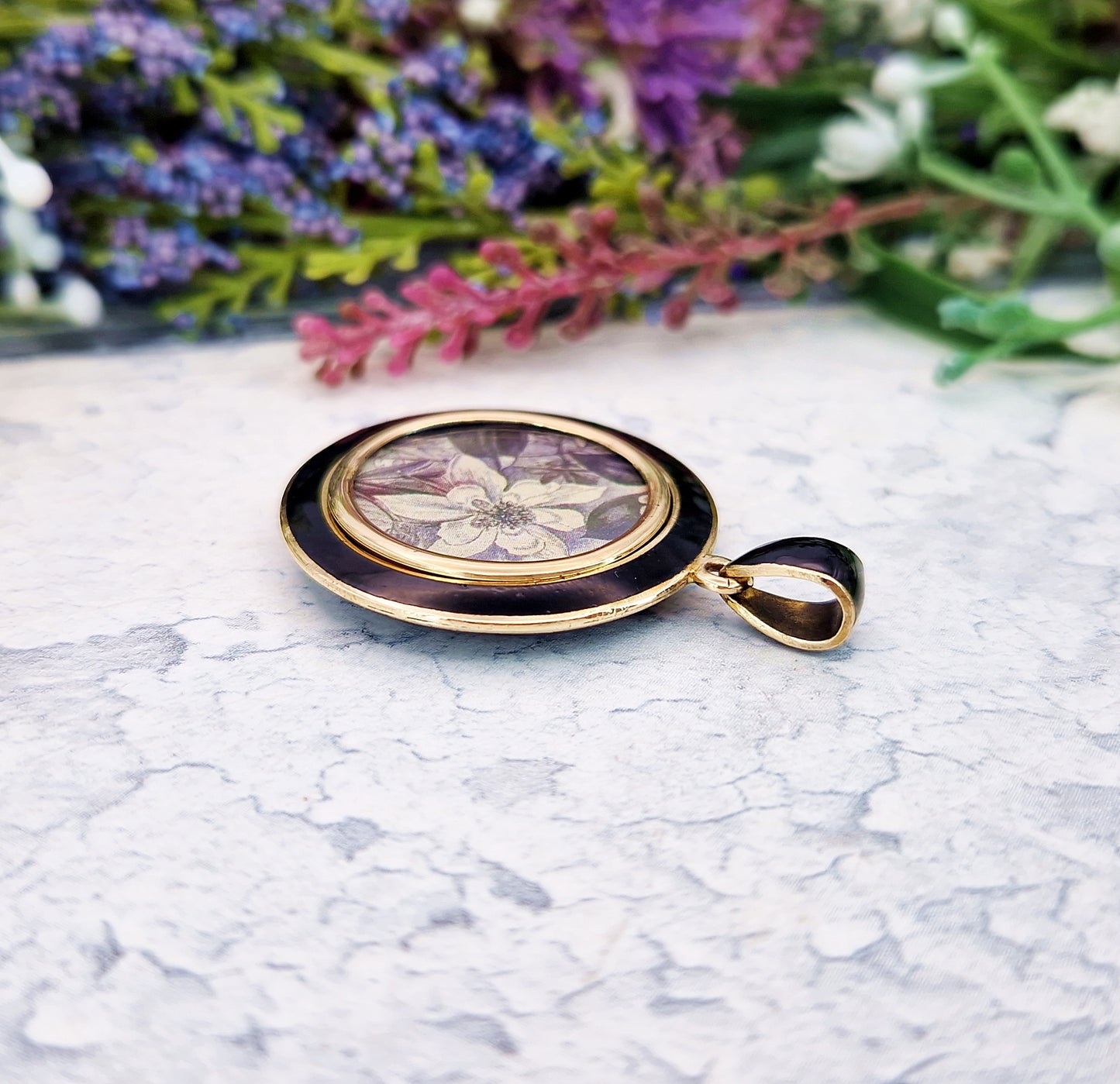 Antique Victorian Gold Tone Black Enamel & Glass Floral Locket Pendant