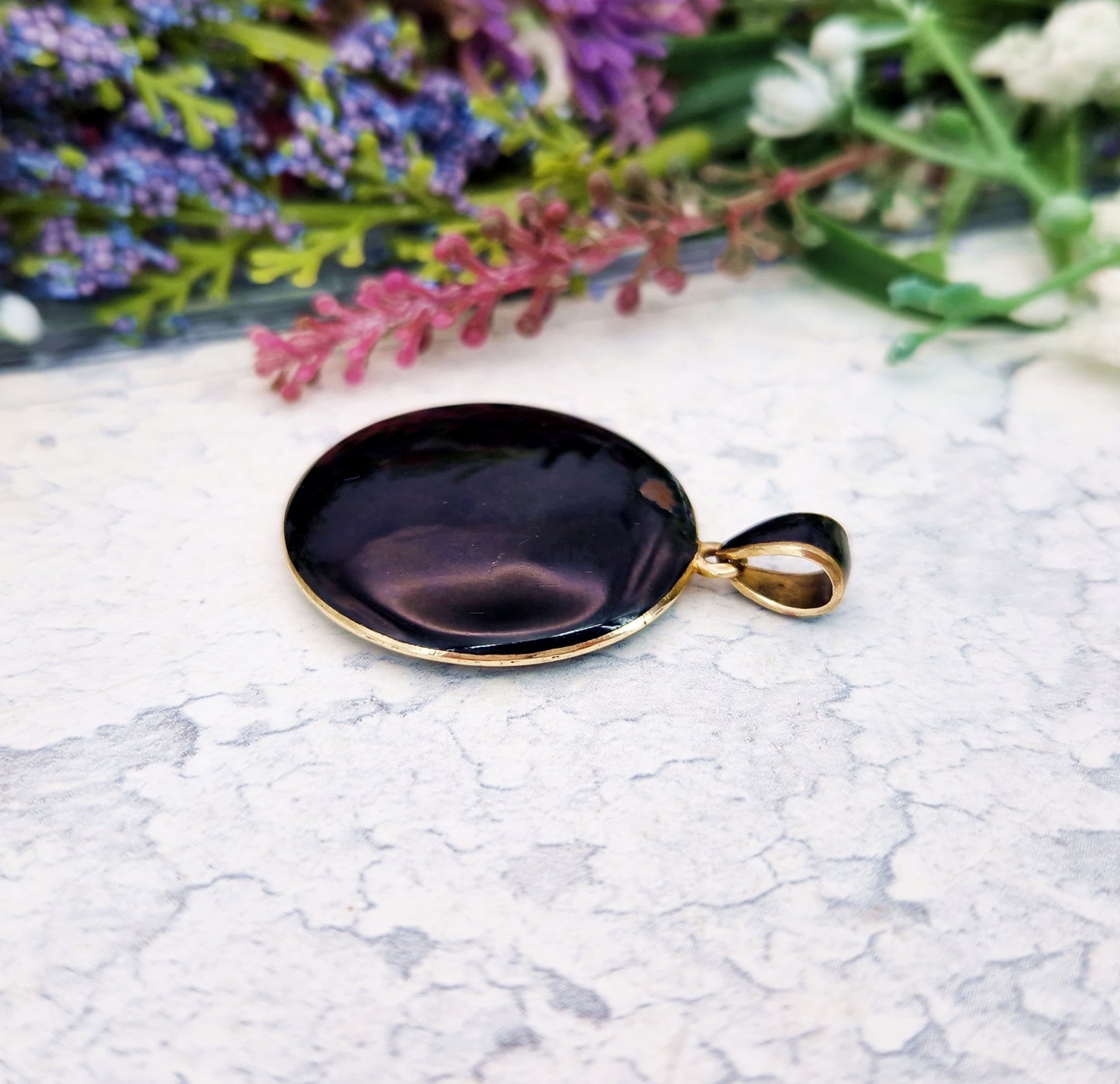 Antique Victorian Gold Tone Black Enamel & Glass Floral Locket Pendant