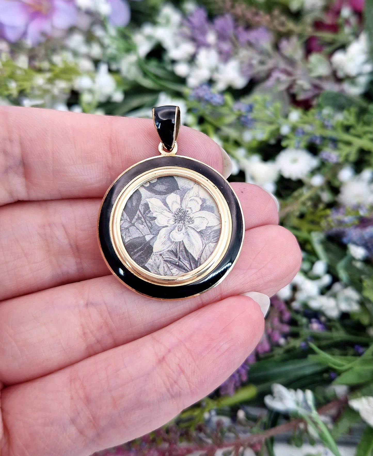 Antique Victorian Gold Tone Black Enamel & Glass Floral Locket Pendant