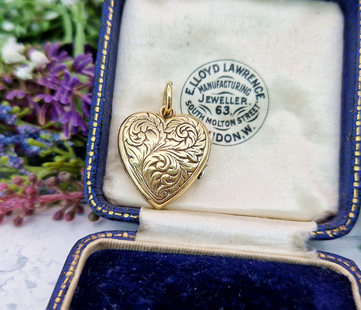 Antique Art Nouveau Gold Gilt Whimsical Botanical Heart Locket Pendant