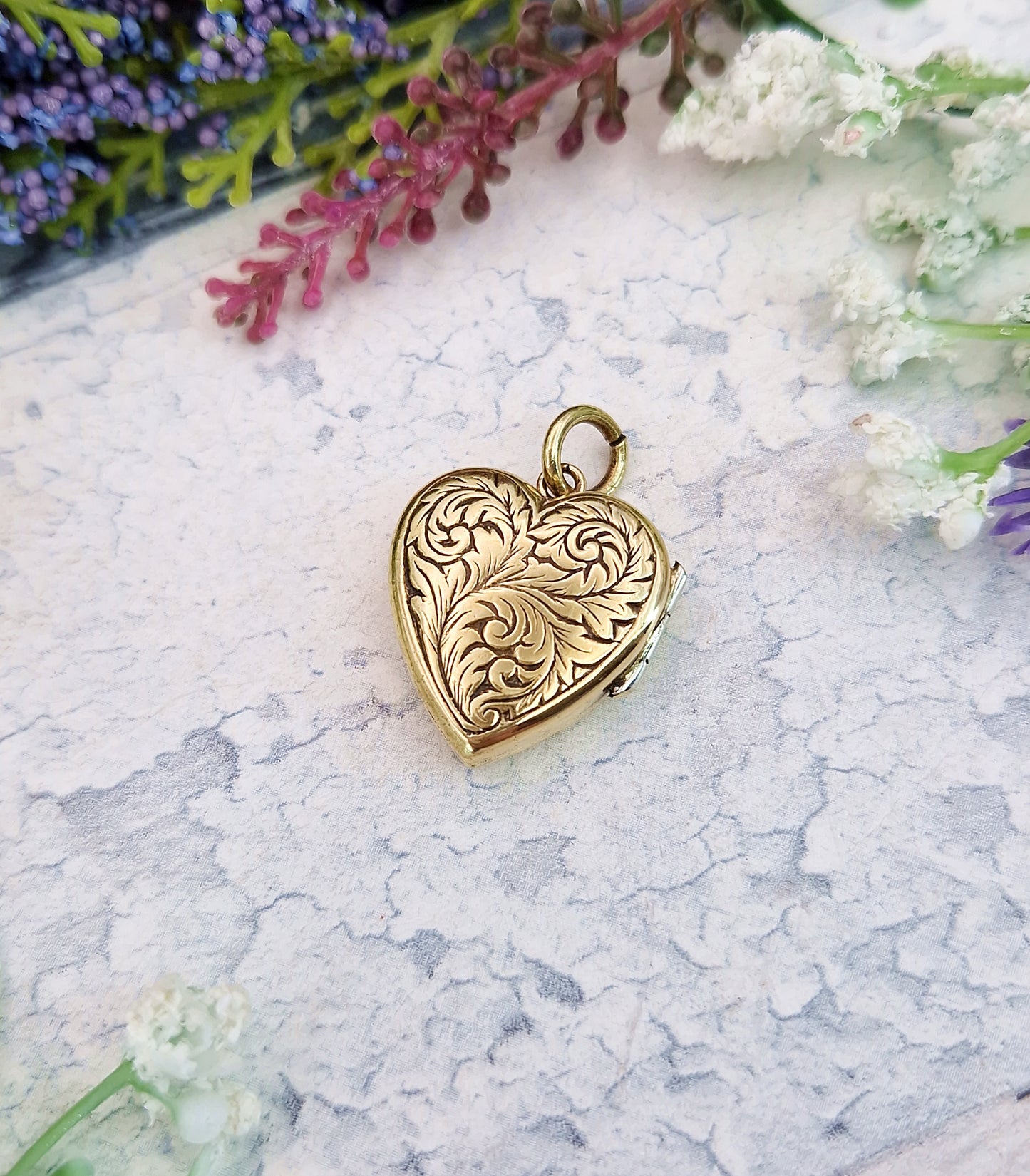 Antique Art Nouveau Gold Gilt Whimsical Botanical Heart Locket Pendant
