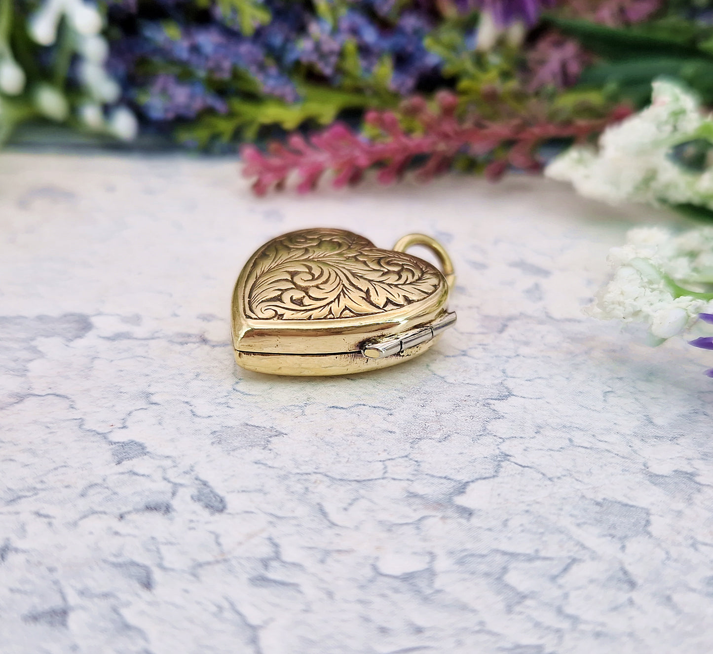 Antique Art Nouveau Gold Gilt Whimsical Botanical Heart Locket Pendant