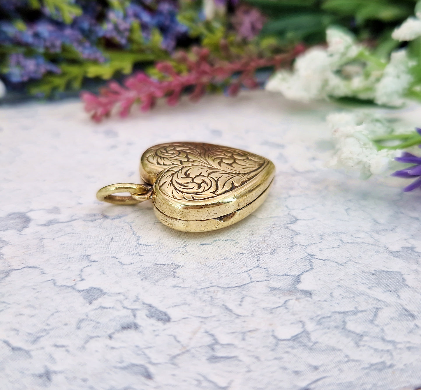 Antique Art Nouveau Gold Gilt Whimsical Botanical Heart Locket Pendant