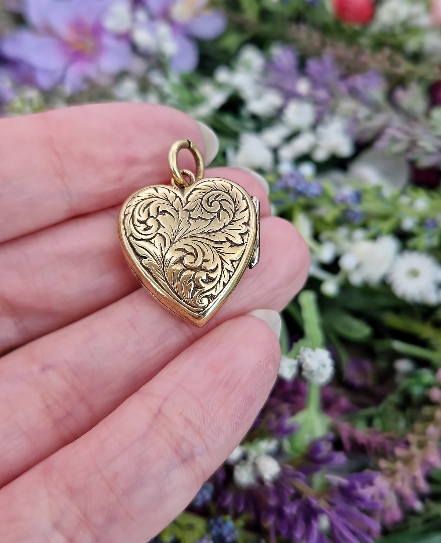 Antique Art Nouveau Gold Gilt Whimsical Botanical Heart Locket Pendant