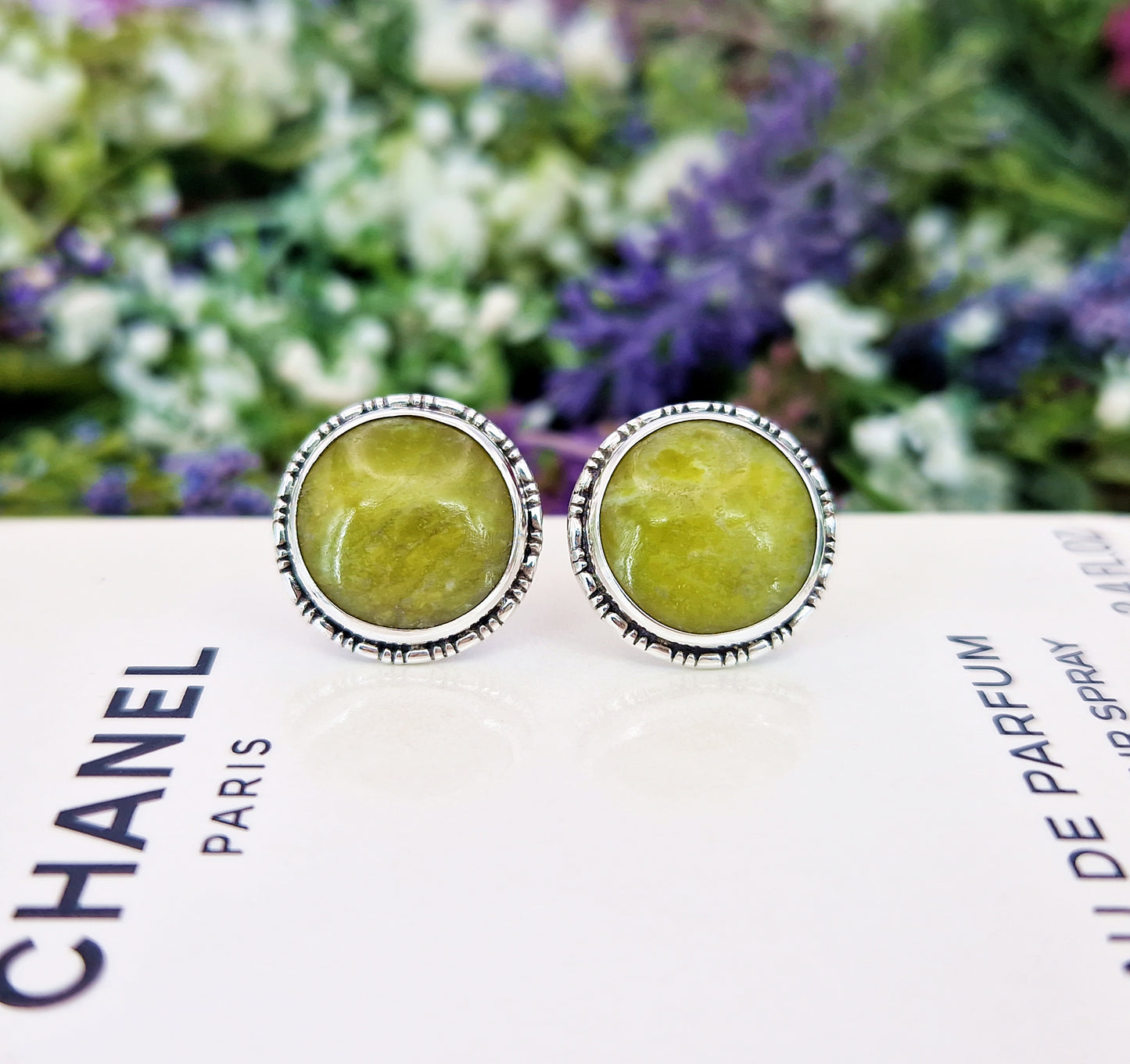 Vintage Sterling Silver Large Irish Connemara Marble Stud Earrings