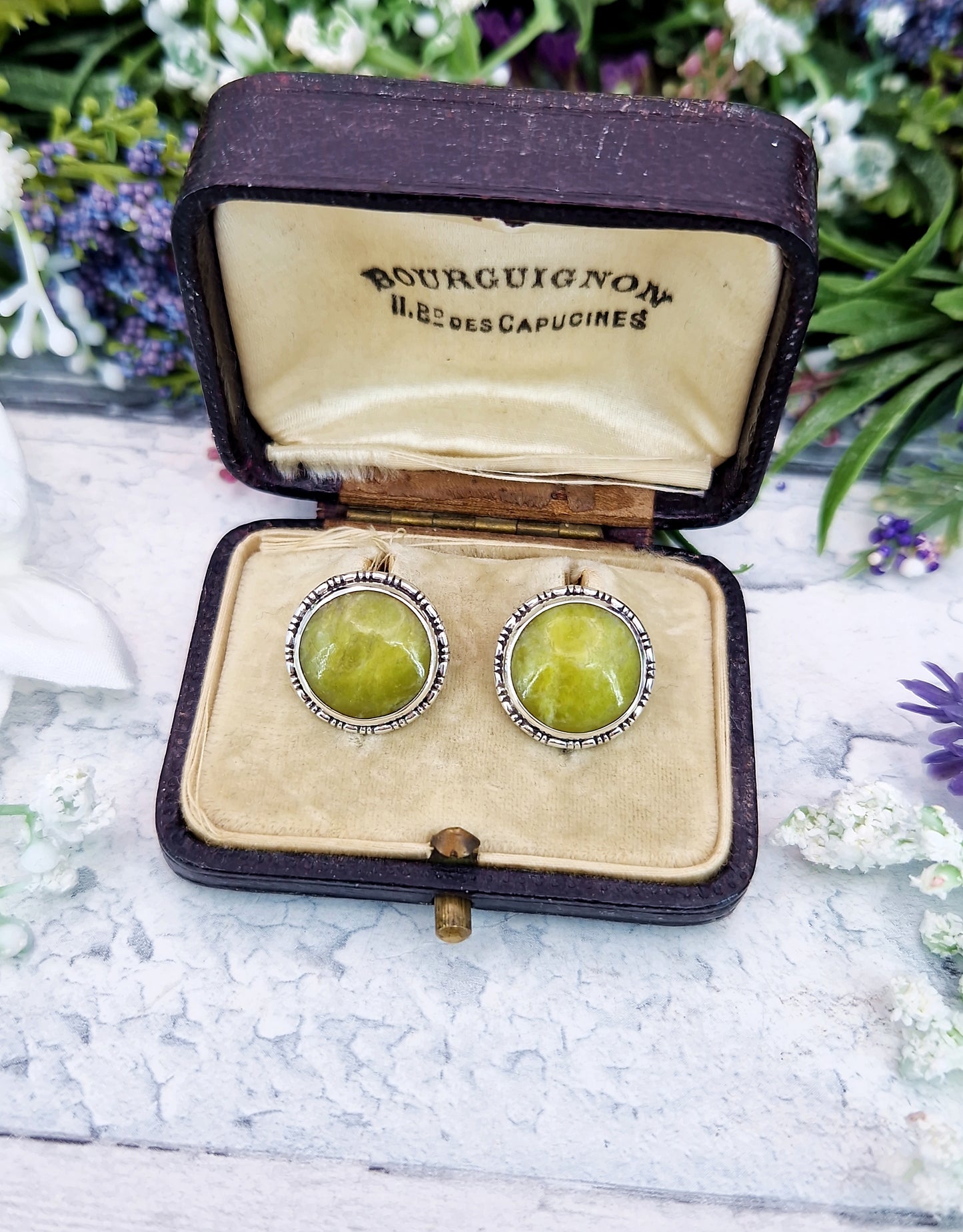 Vintage Sterling Silver Large Irish Connemara Marble Stud Earrings