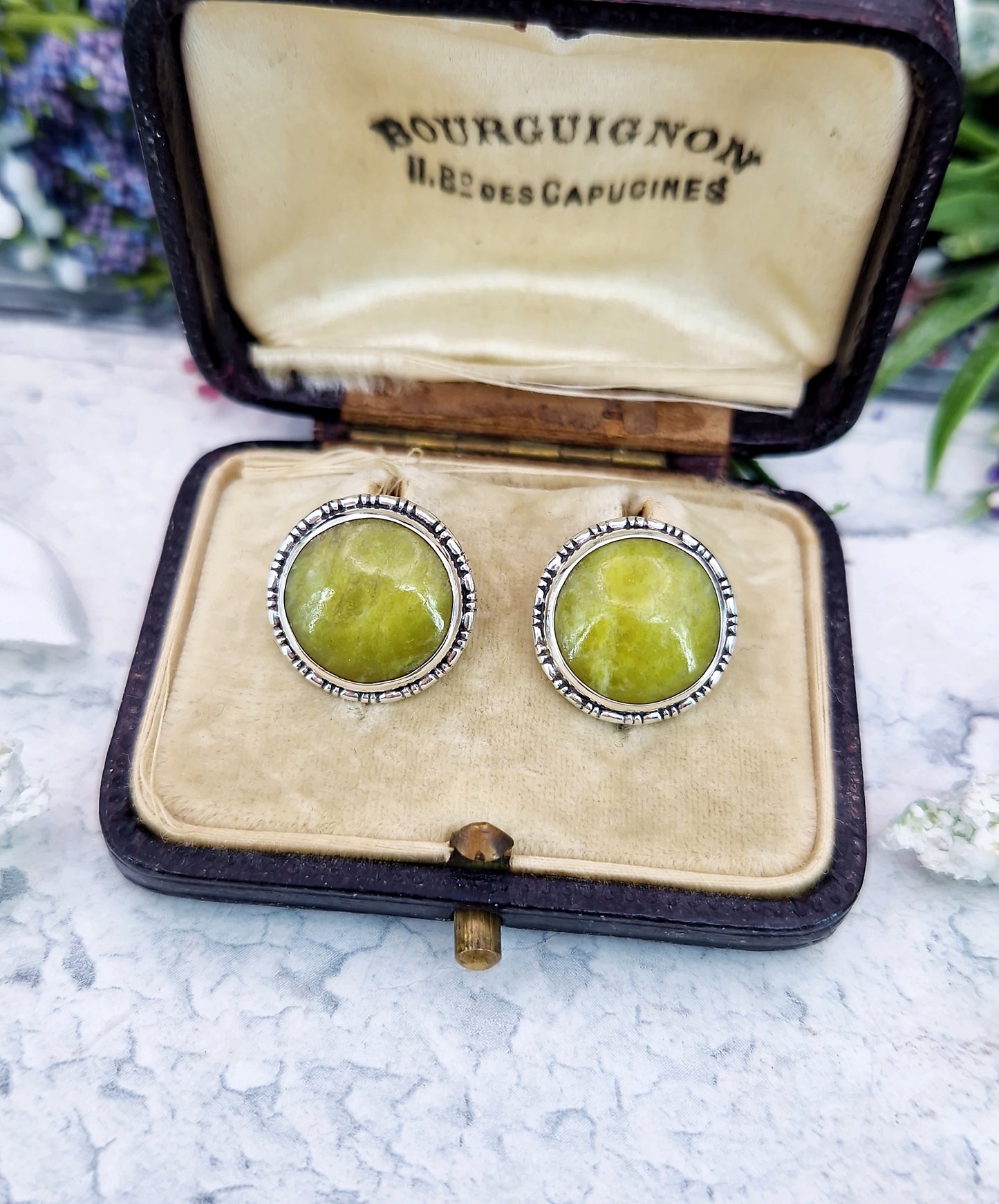 Vintage Sterling Silver Large Irish Connemara Marble Stud Earrings