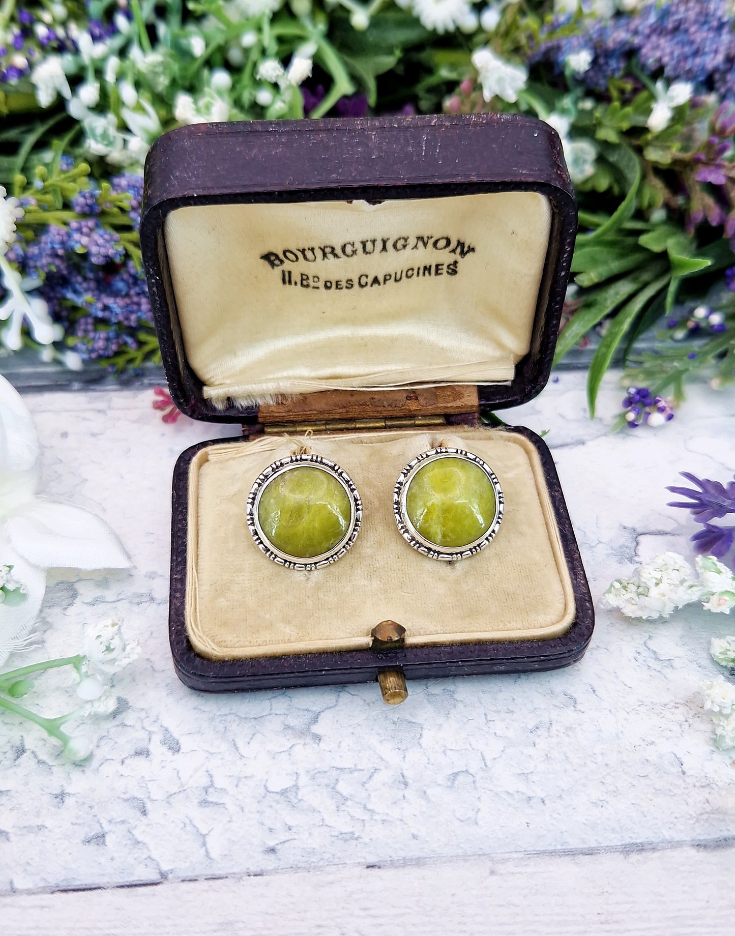 Vintage Sterling Silver Large Irish Connemara Marble Stud Earrings