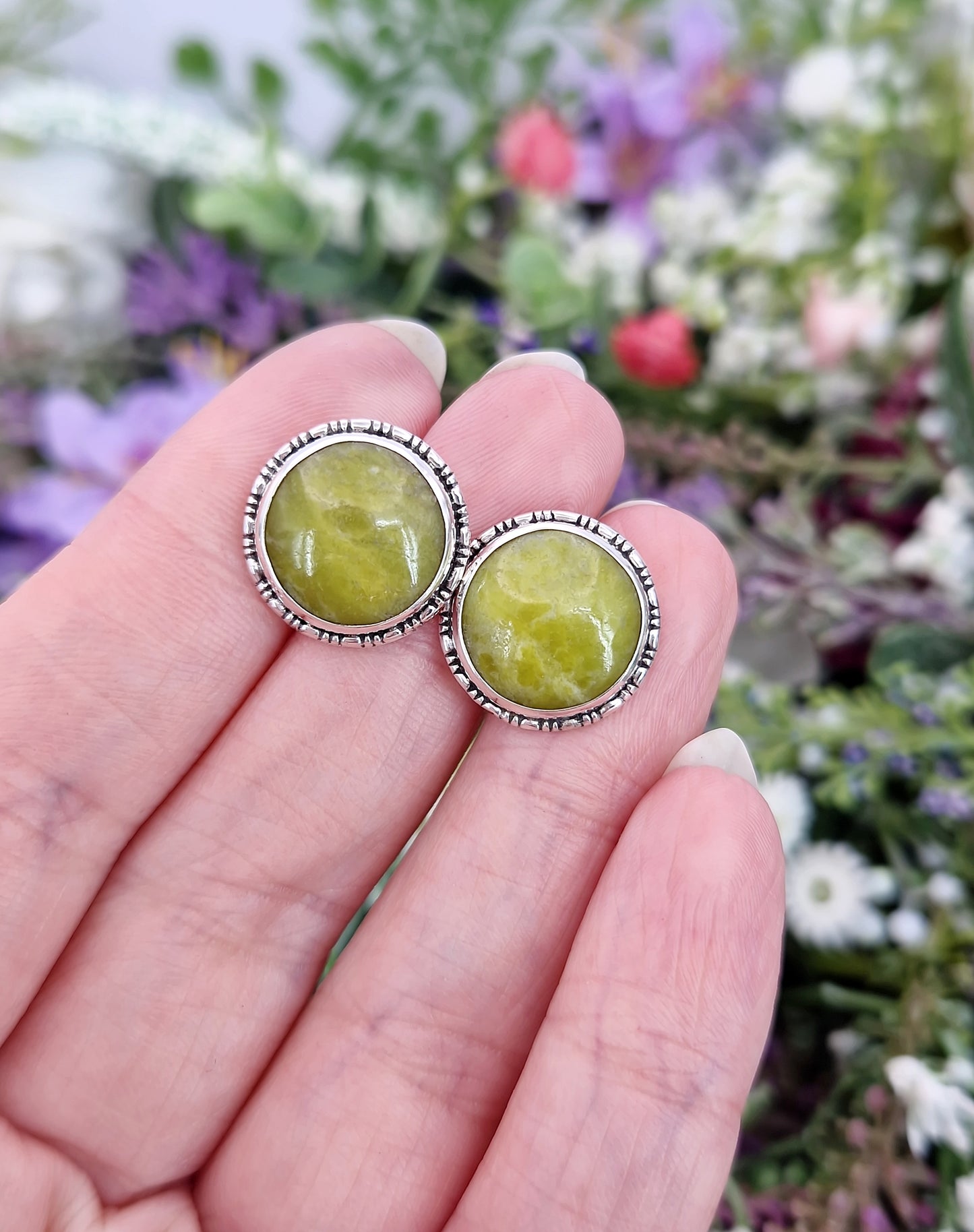Vintage Sterling Silver Large Irish Connemara Marble Stud Earrings