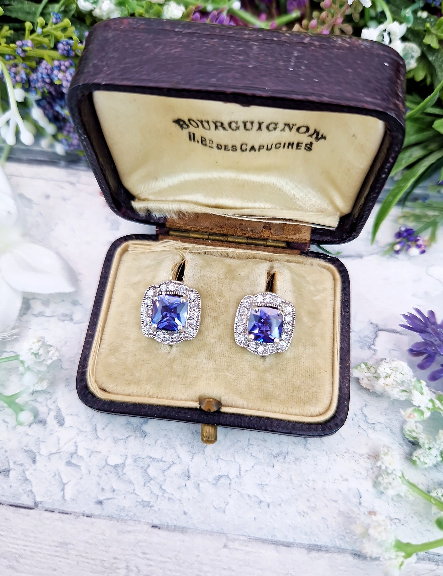 Vintage Art Deco Style Sterling Silver Tanzanite and Crystal Stud Earrings