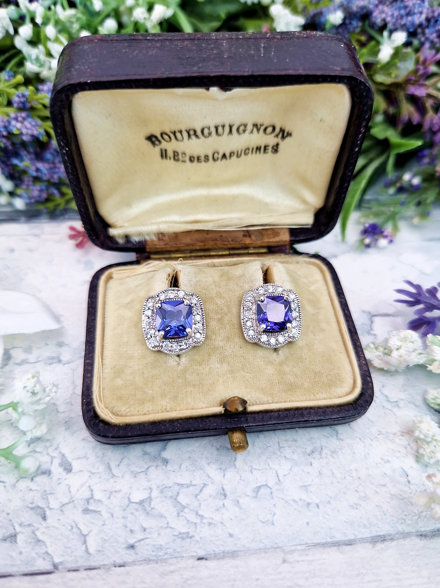 Vintage Art Deco Style Sterling Silver Tanzanite and Crystal Stud Earrings