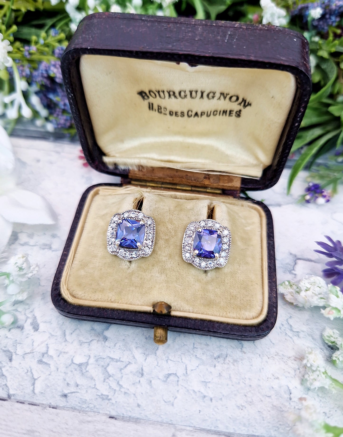 Vintage Art Deco Style Sterling Silver Tanzanite and Crystal Stud Earrings