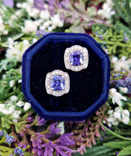 Vintage Art Deco Style Sterling Silver Tanzanite and Crystal Stud Earrings