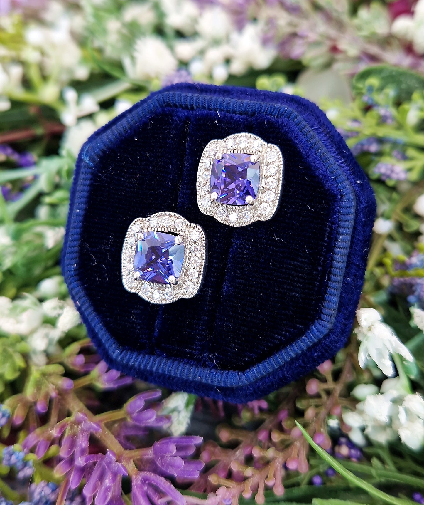 Vintage Art Deco Style Sterling Silver Tanzanite and Crystal Stud Earrings