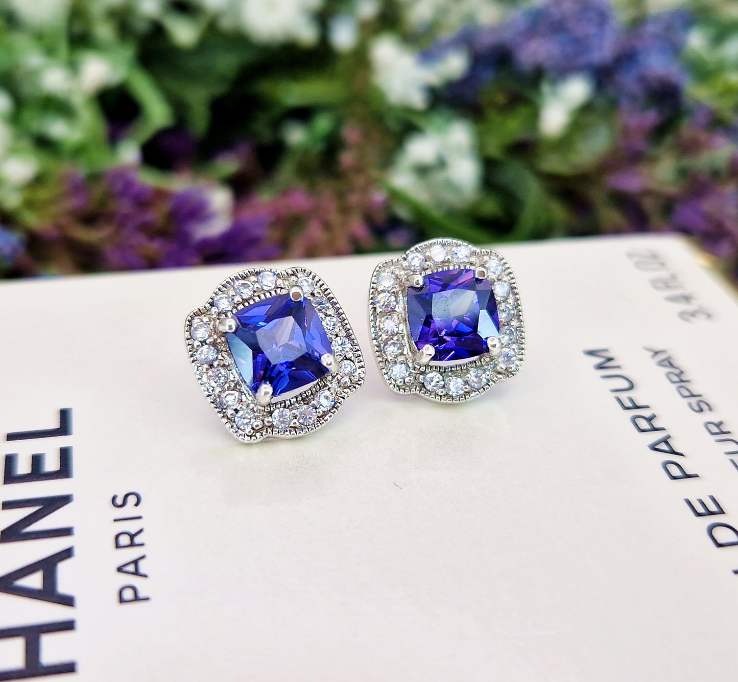 Vintage Art Deco Style Sterling Silver Tanzanite and Crystal Stud Earrings