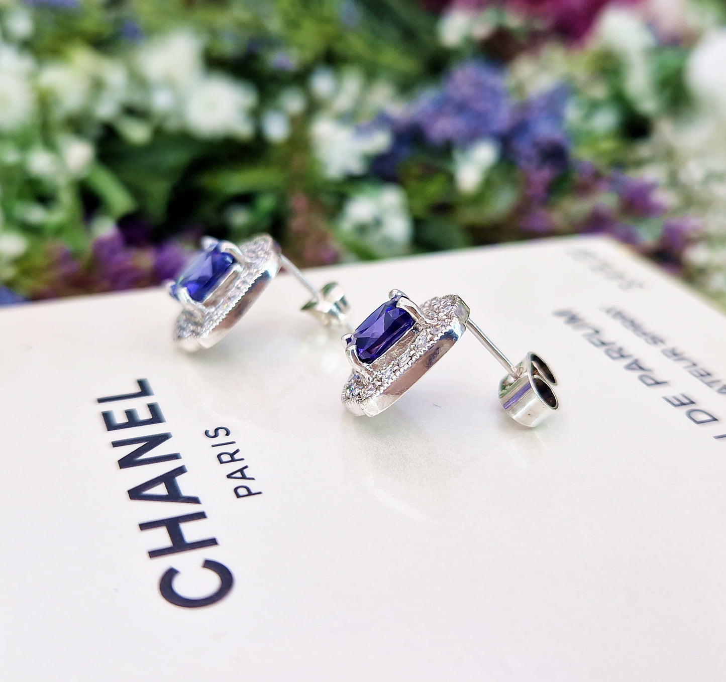 Vintage Art Deco Style Sterling Silver Tanzanite and Crystal Stud Earrings