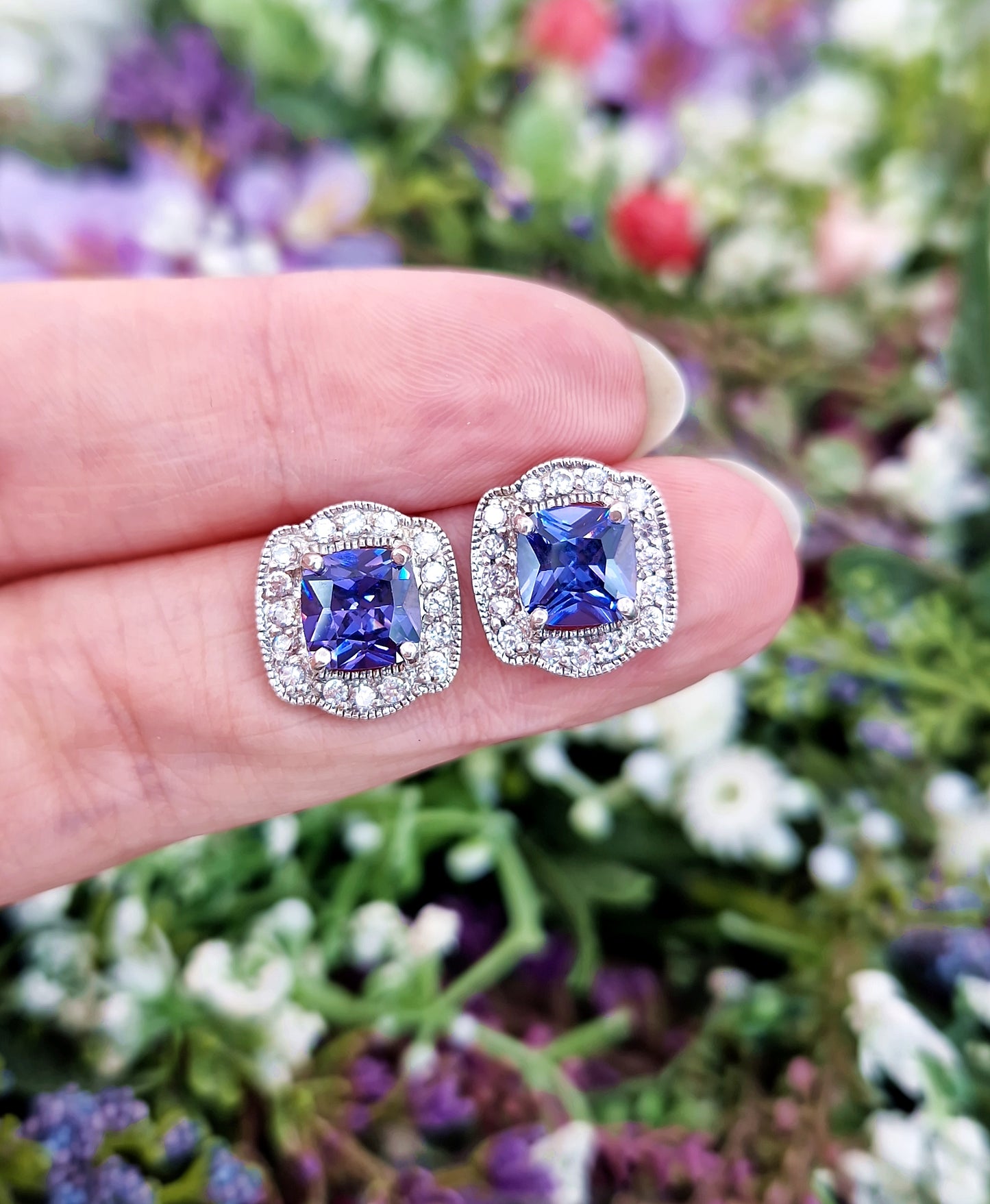 Vintage Art Deco Style Sterling Silver Tanzanite and Crystal Stud Earrings