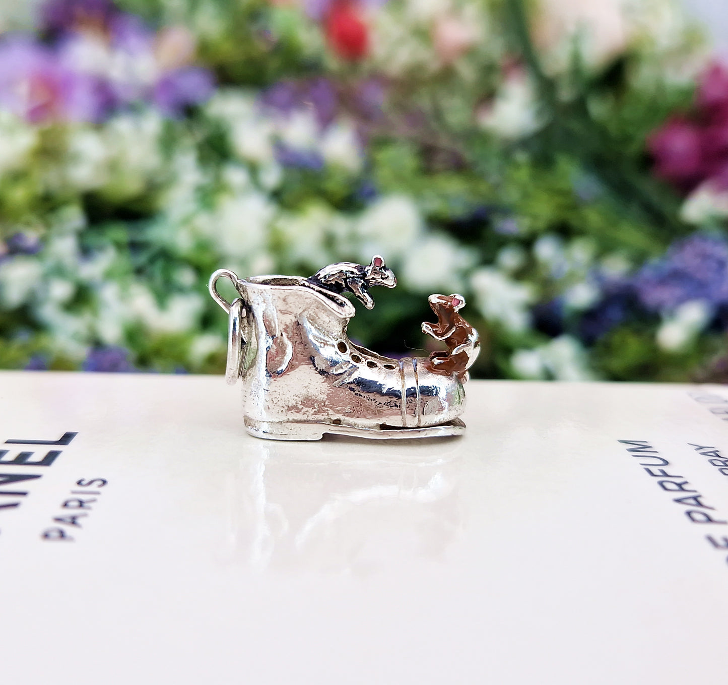 Vintage Sterling Silver Miniature 3D Enamel Mice on a Boot Charm Pendant