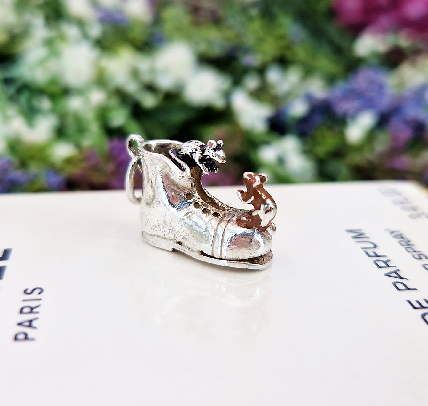 Vintage Sterling Silver Miniature 3D Enamel Mice on a Boot Charm Pendant