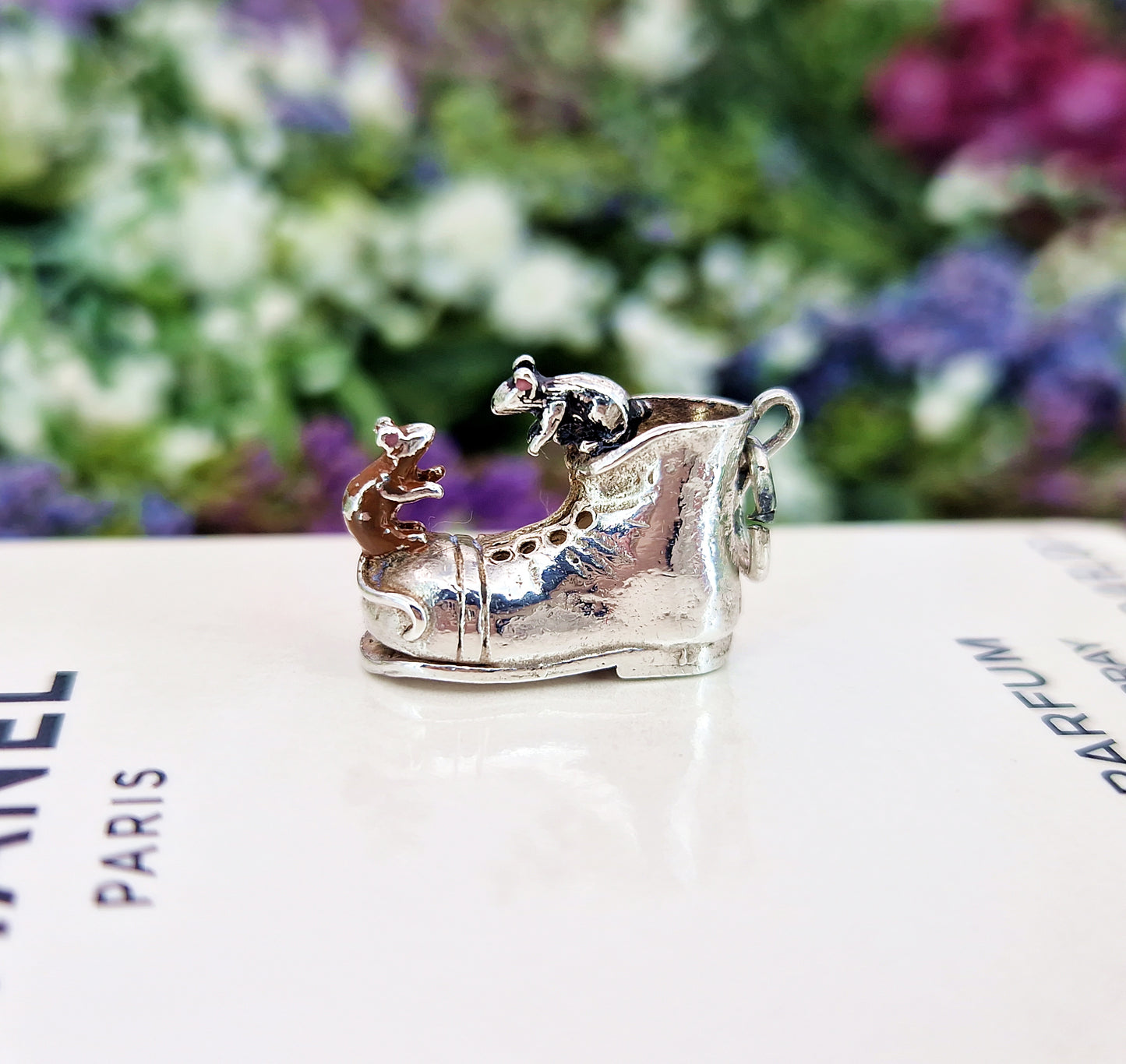 Vintage Sterling Silver Miniature 3D Enamel Mice on a Boot Charm Pendant