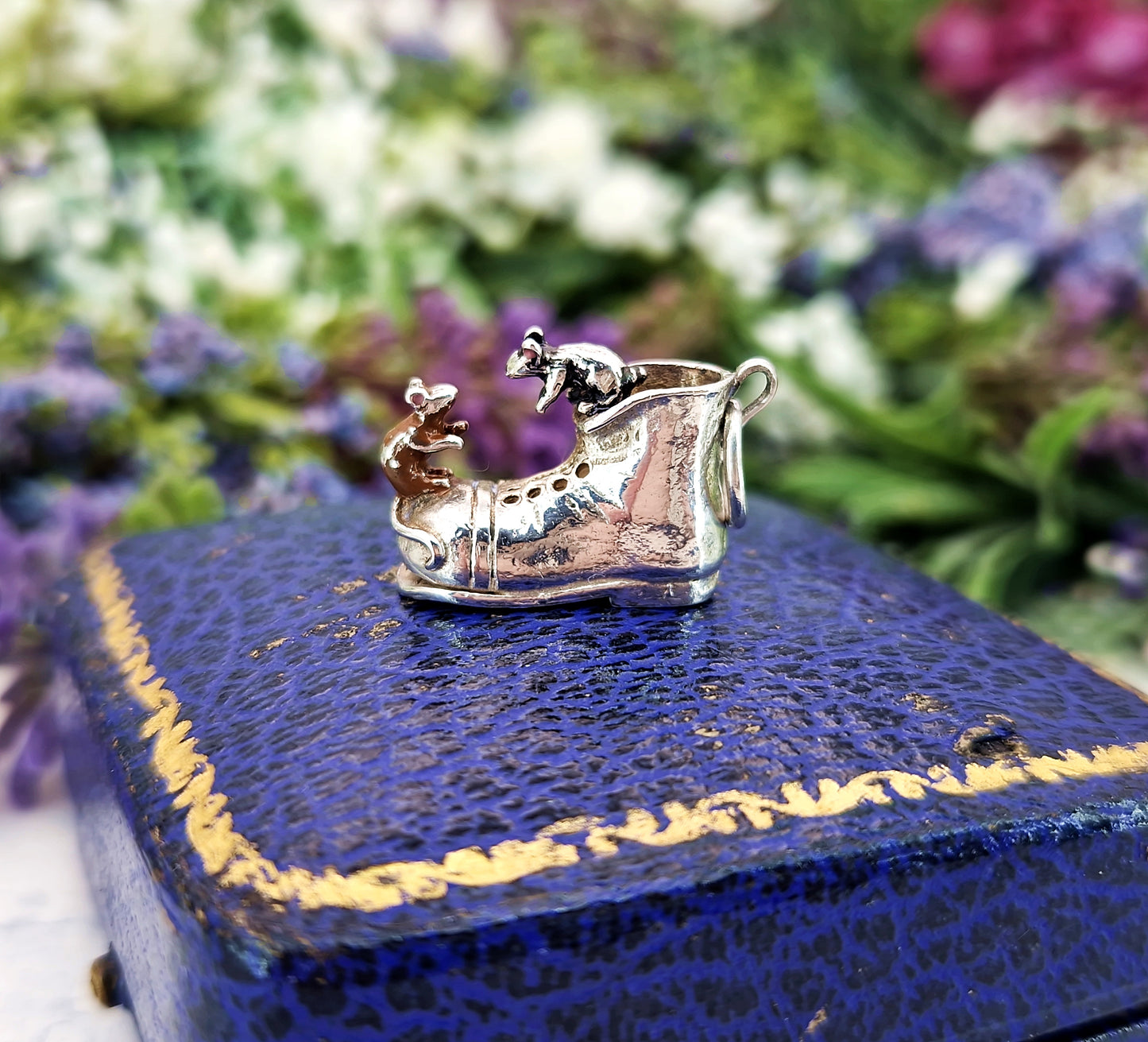 Vintage Sterling Silver Miniature 3D Enamel Mice on a Boot Charm Pendant