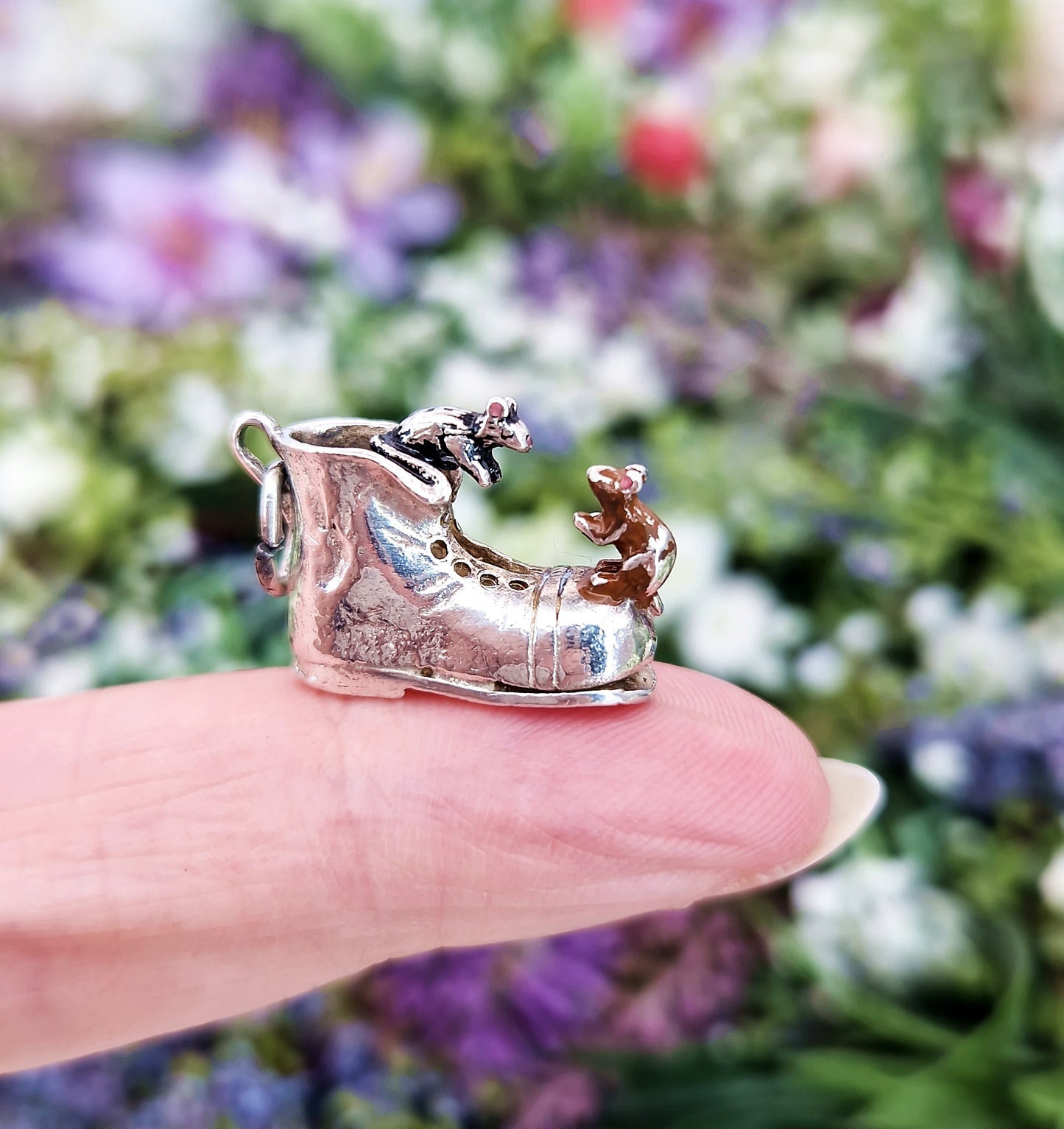 Vintage Sterling Silver Miniature 3D Enamel Mice on a Boot Charm Pendant