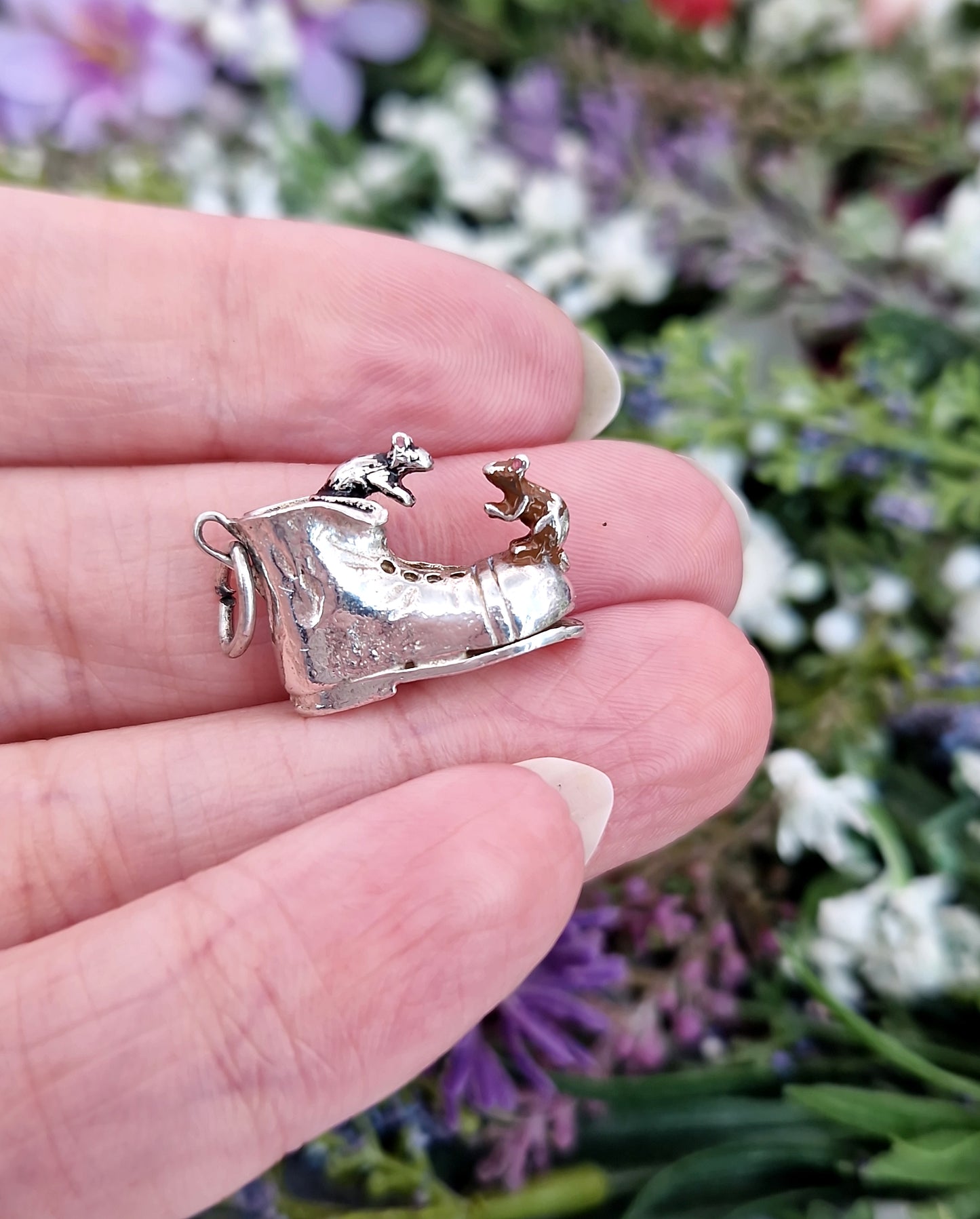 Vintage Sterling Silver Miniature 3D Enamel Mice on a Boot Charm Pendant