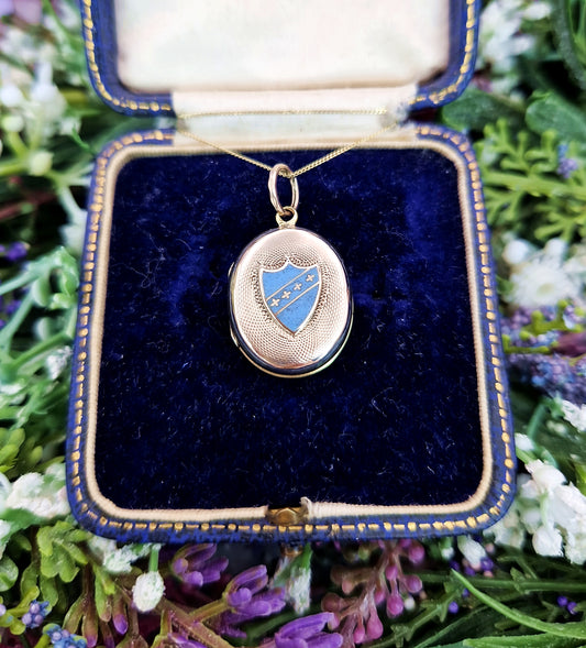Antique Victorian 9ct Yellow Gold Blue Enamel Shield and Engraved Anchor Locket