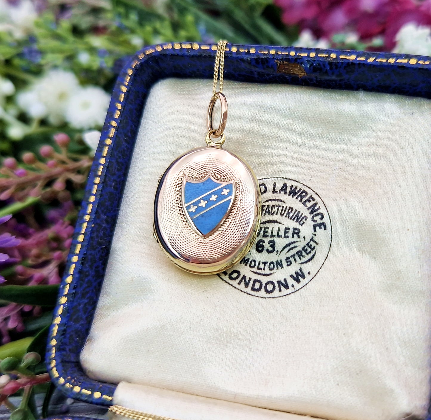 Antique Victorian 9ct Yellow Gold Blue Enamel Shield and Engraved Anchor Locket