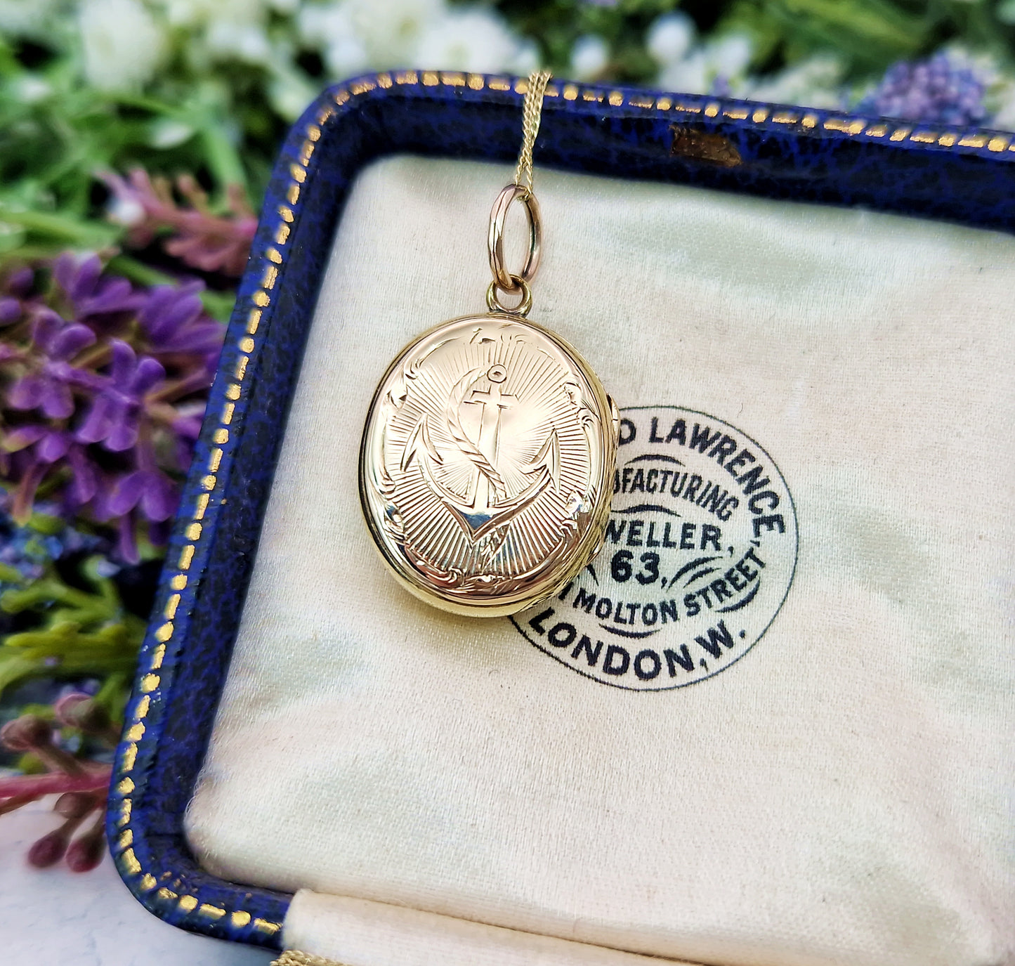 Antique Victorian 9ct Yellow Gold Blue Enamel Shield and Engraved Anchor Locket