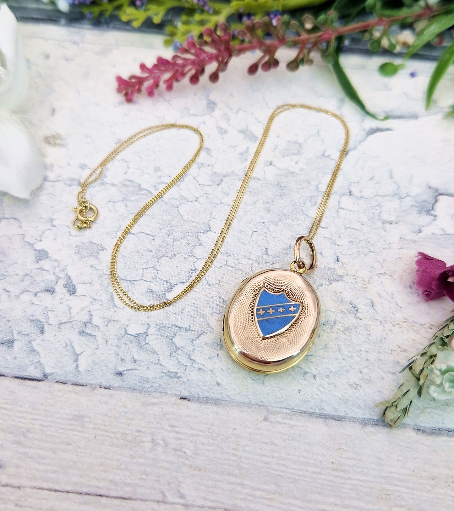 Antique Victorian 9ct Yellow Gold Blue Enamel Shield and Engraved Anchor Locket