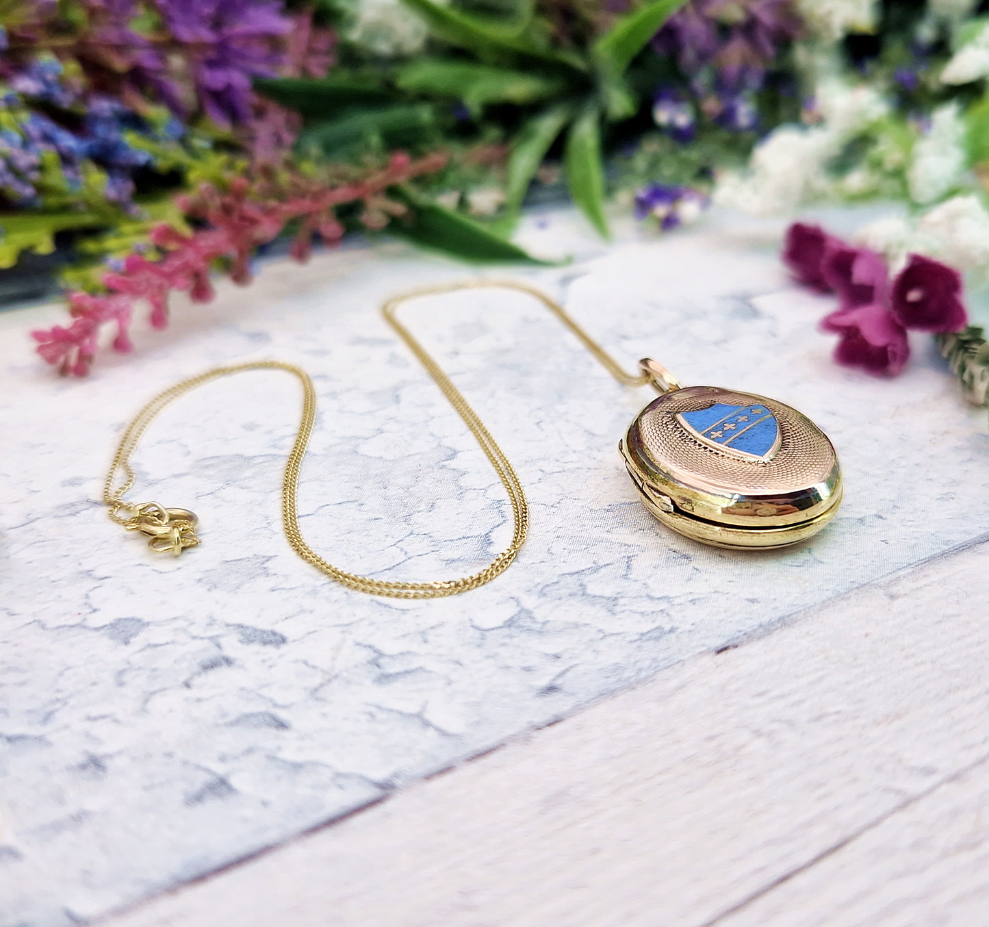 Antique Victorian 9ct Yellow Gold Blue Enamel Shield and Engraved Anchor Locket