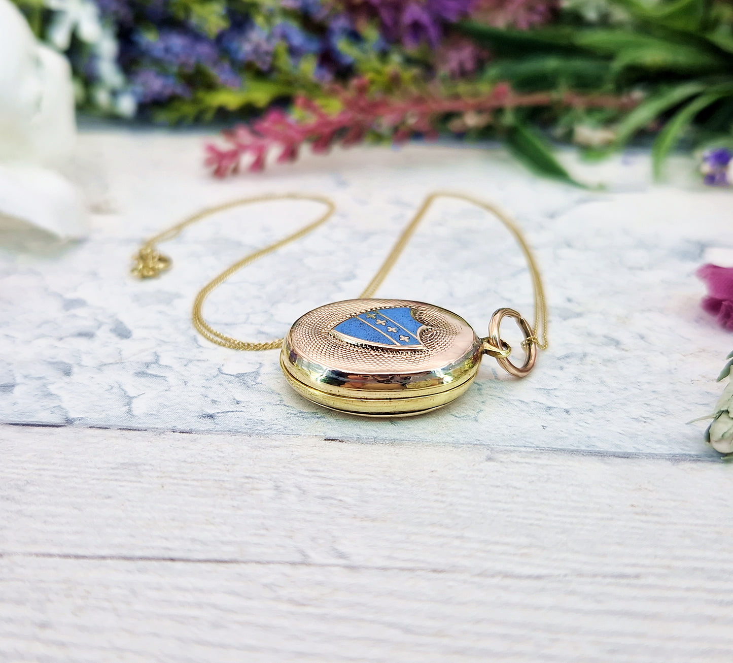 Antique Victorian 9ct Yellow Gold Blue Enamel Shield and Engraved Anchor Locket