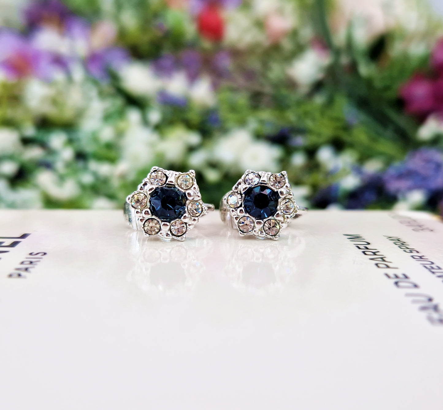Vintage 1960's Avon Sparkly Blue and White Crystal Cluster Clip On Earrings
