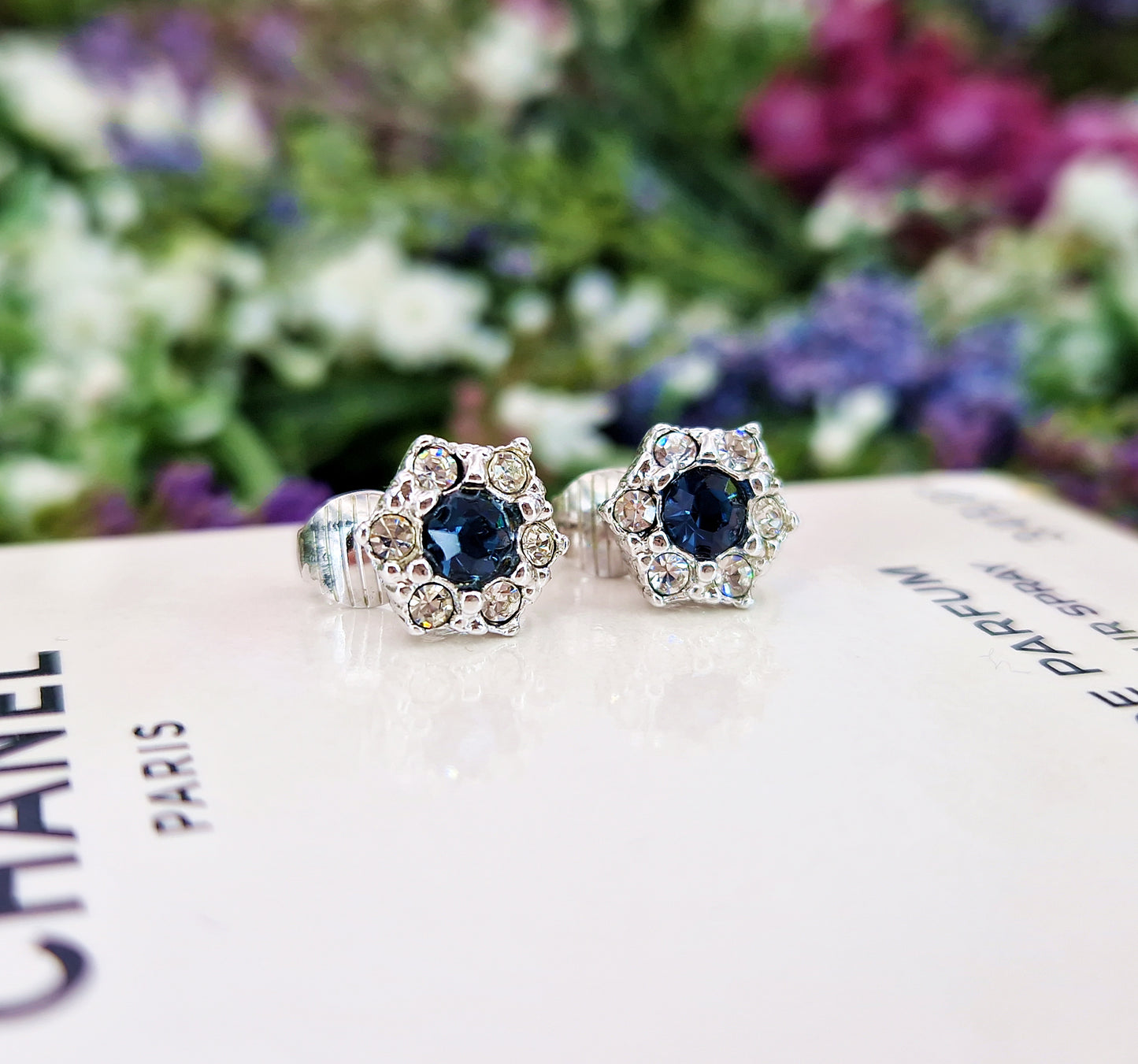 Vintage 1960's Avon Sparkly Blue and White Crystal Cluster Clip On Earrings