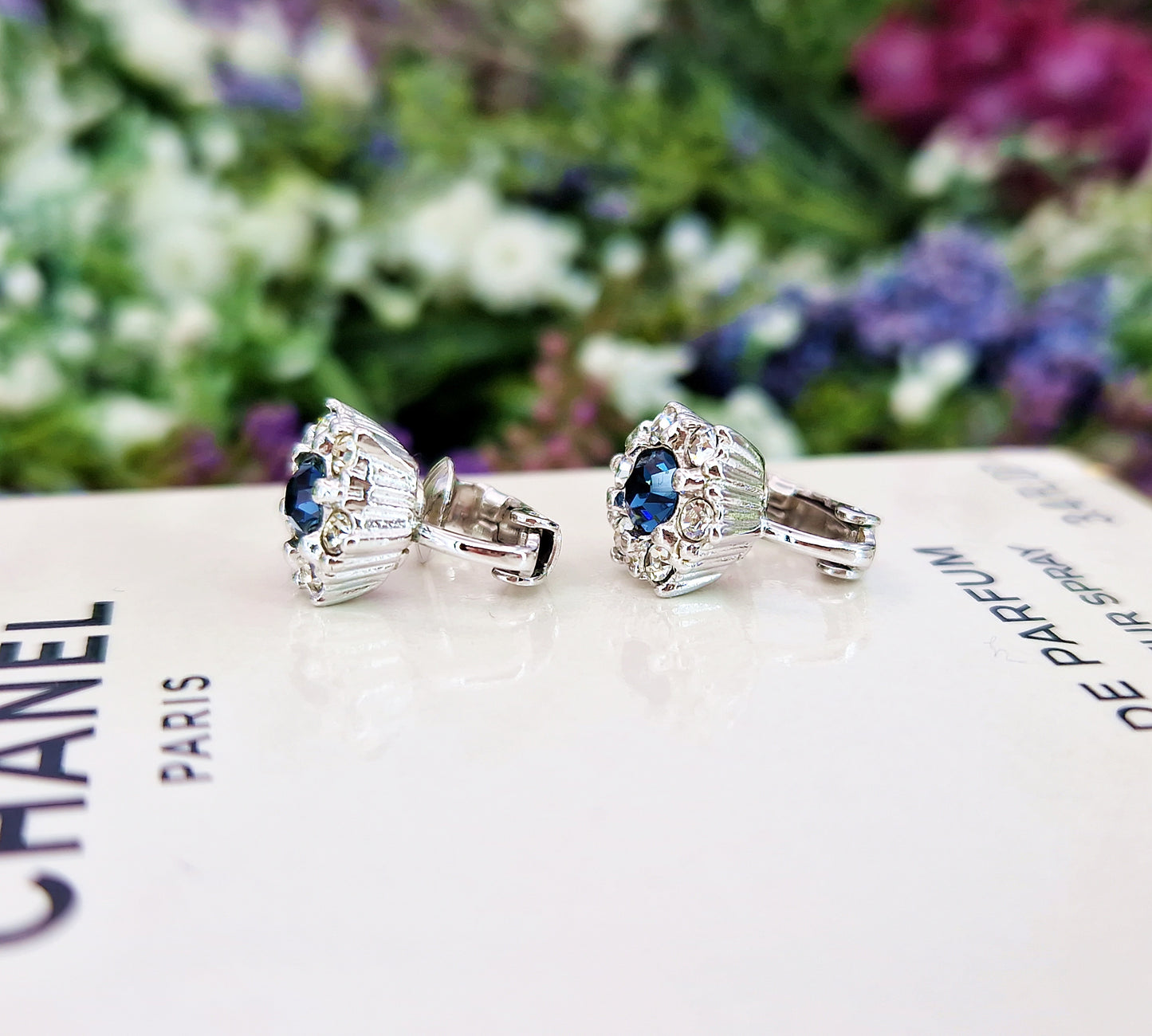 Vintage 1960's Avon Sparkly Blue and White Crystal Cluster Clip On Earrings