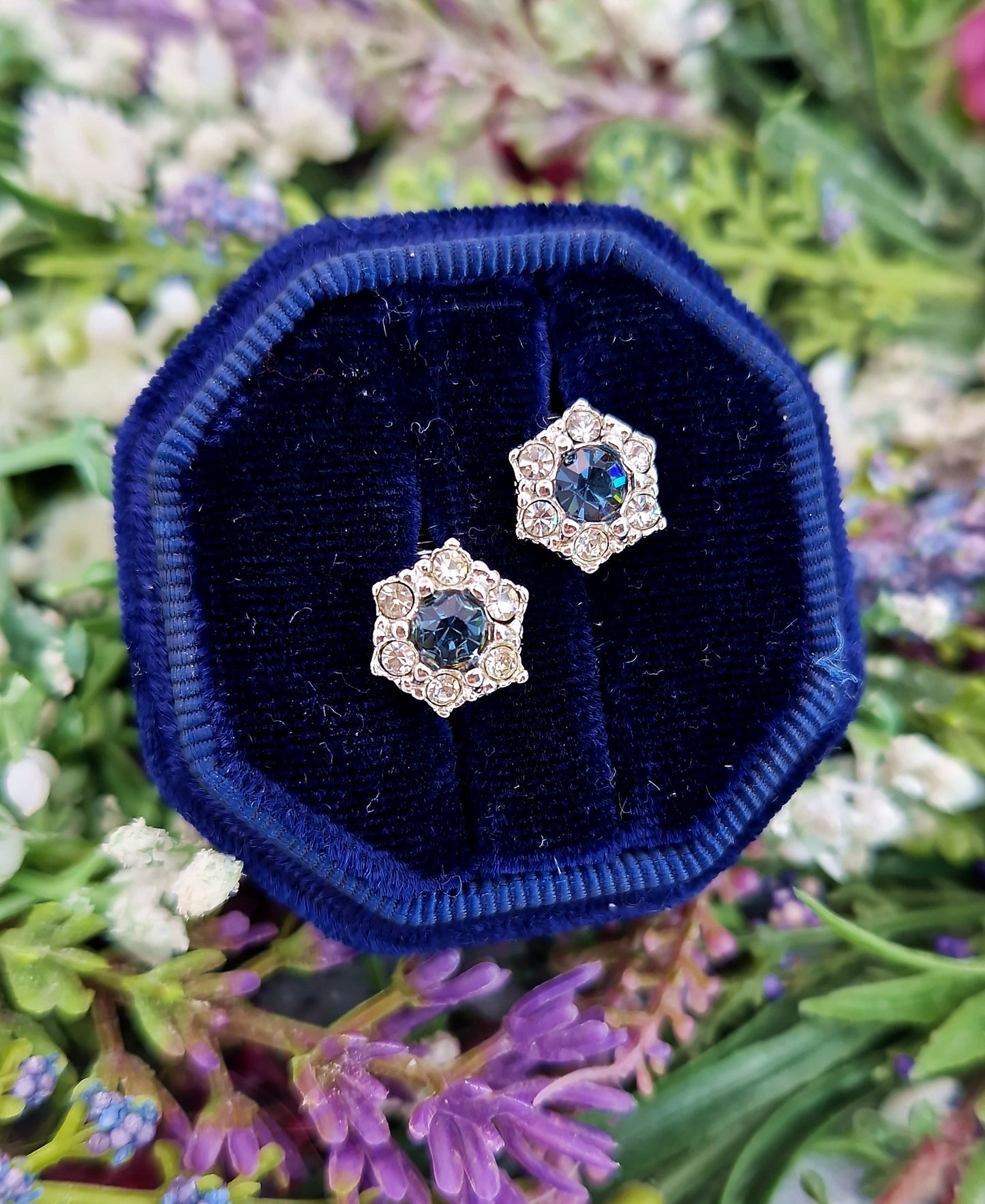 Vintage 1960's Avon Sparkly Blue and White Crystal Cluster Clip On Earrings